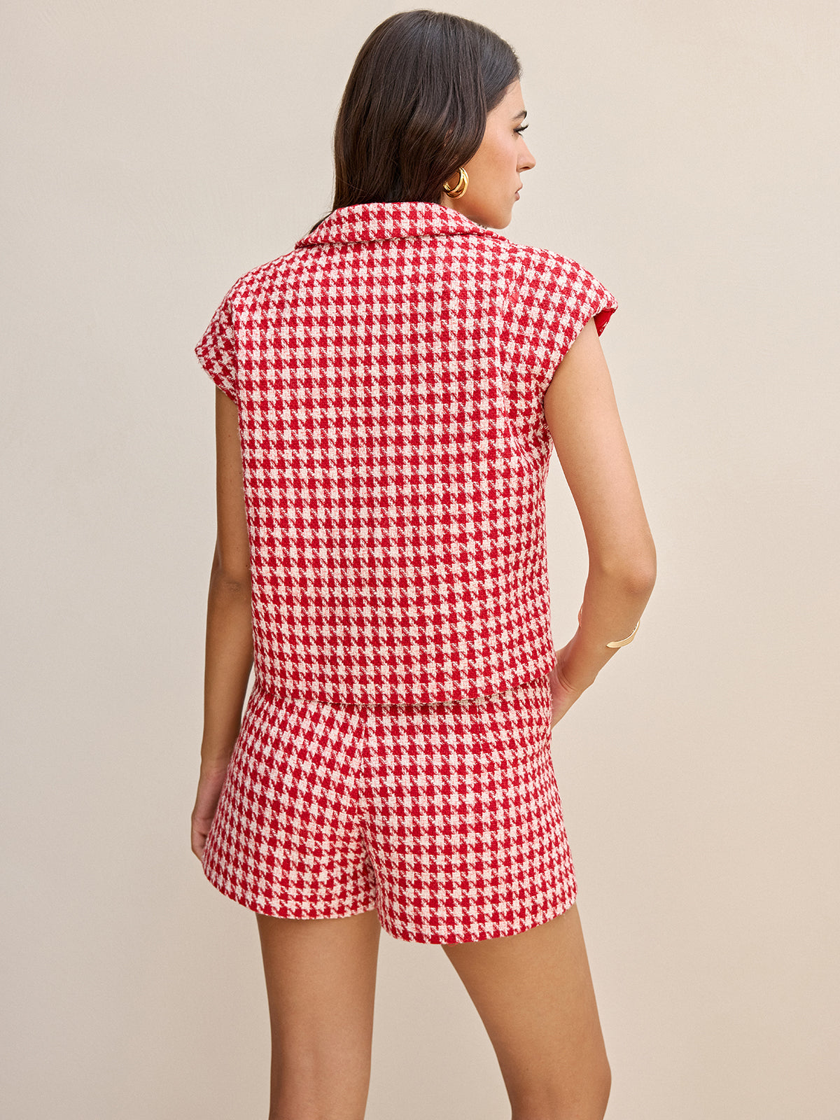 Houndstooth Tweed Collared Cap Sleeve Vest-Chicvia