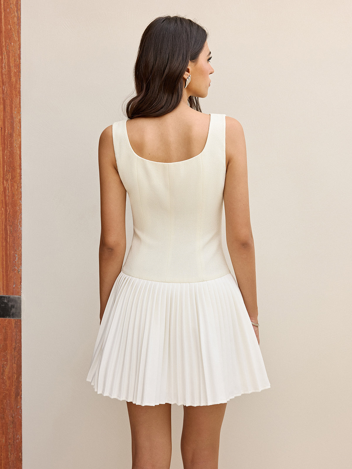 Button-Front Panel Pleated Hem Mini Dress-Chicvia