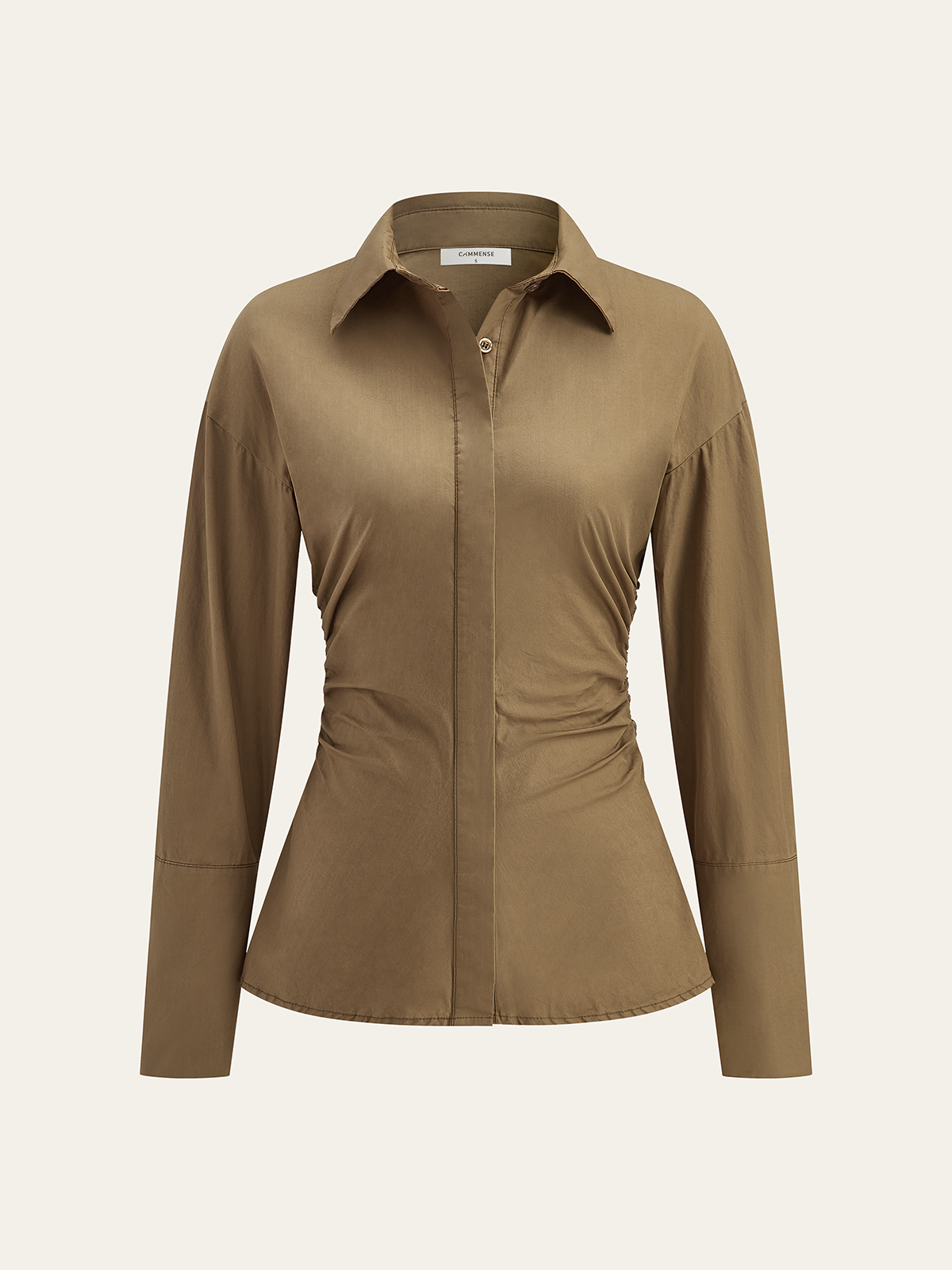 Cotton Blend Ruched Long Sleeve Shirt-Chicvia