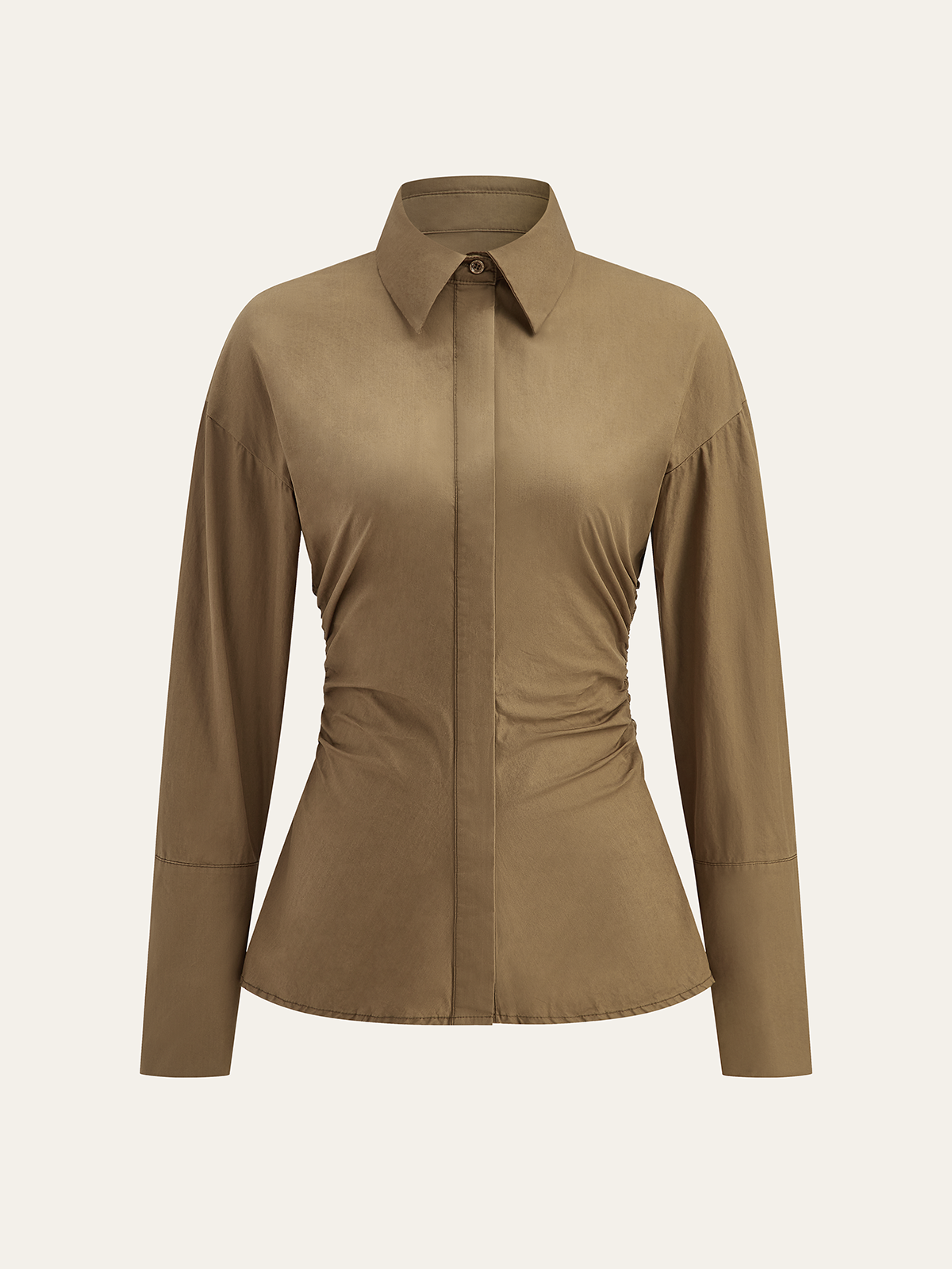 Cotton Blend Ruched Long Sleeve Shirt-Chicvia