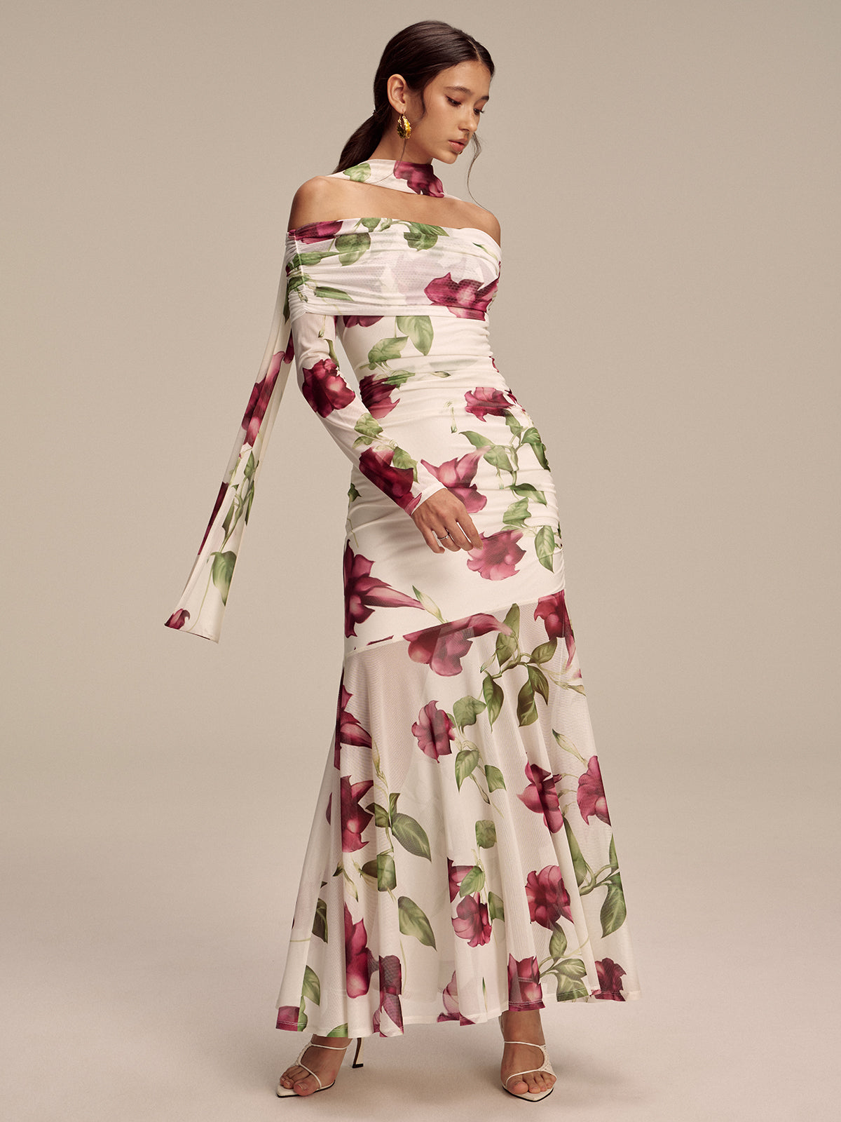 Floral Print Off-Shoulder Mesh Maxi Dress with Scarf Detail-Chicvia