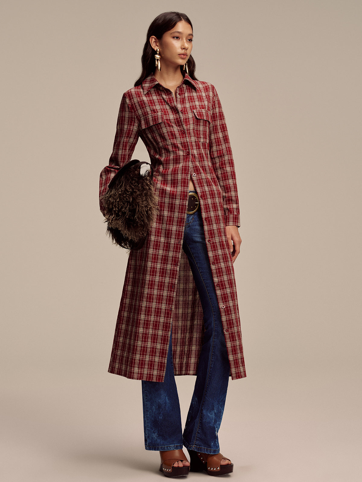 Plaid Button Front Shirt Dress-Chicvia