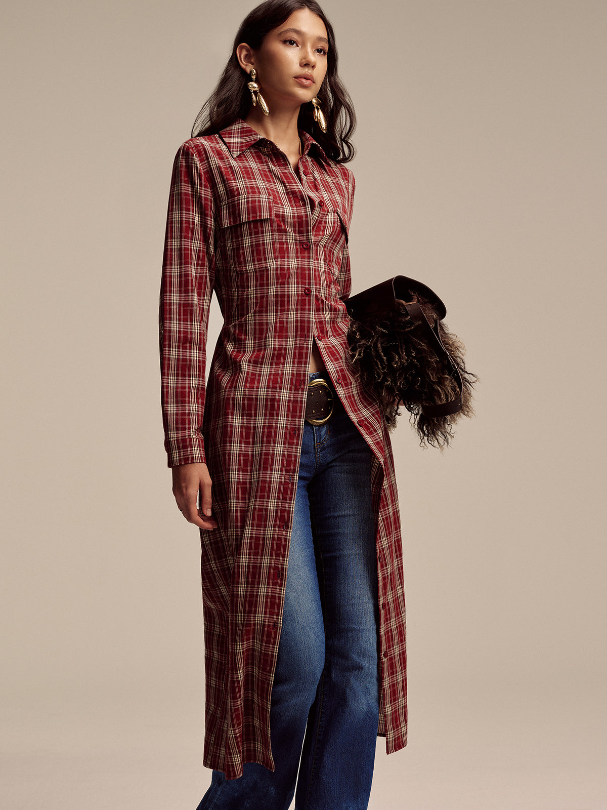 Plaid Button Front Shirt Dress-Chicvia