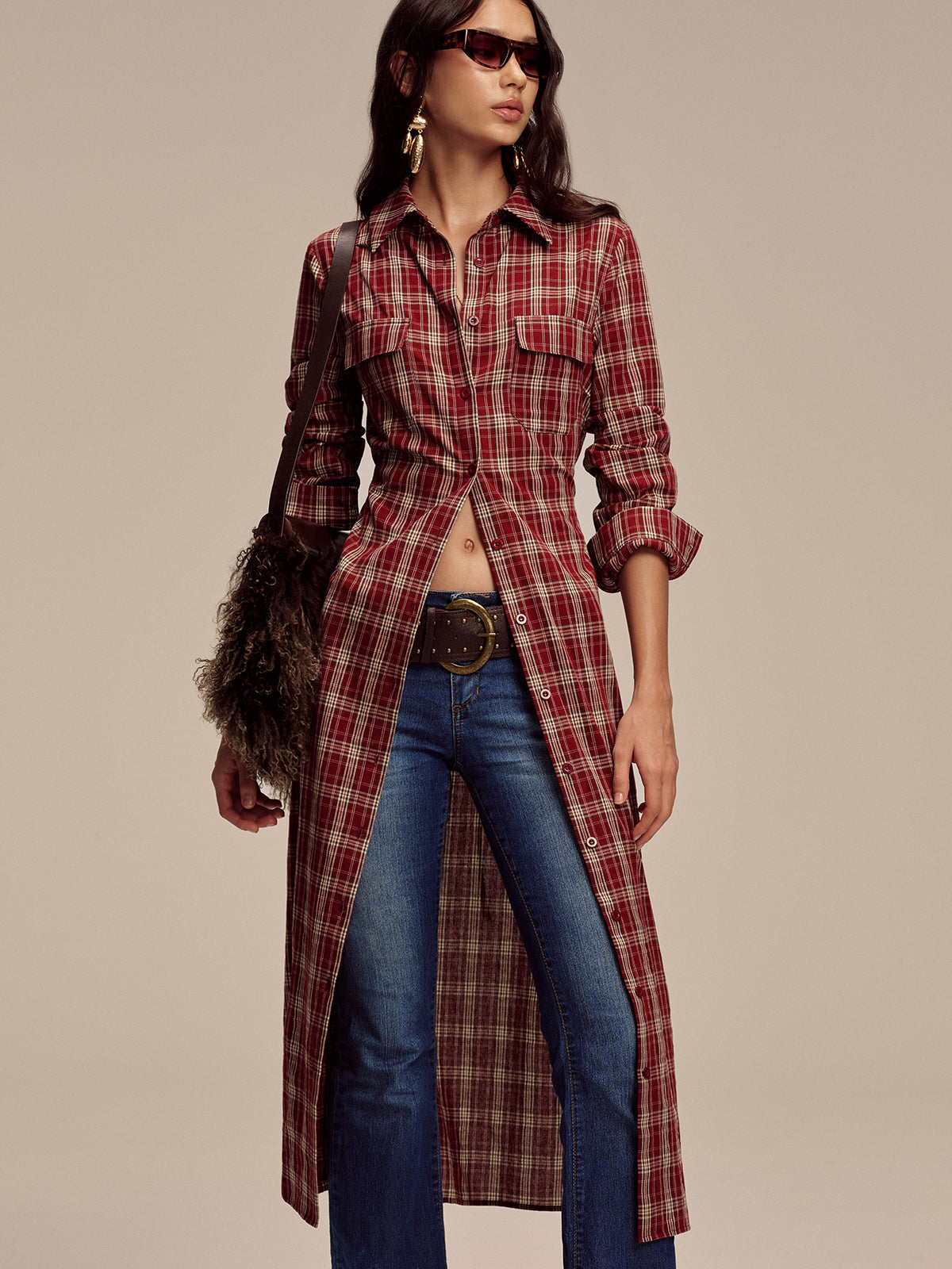 Plaid Button Front Shirt Dress-Chicvia