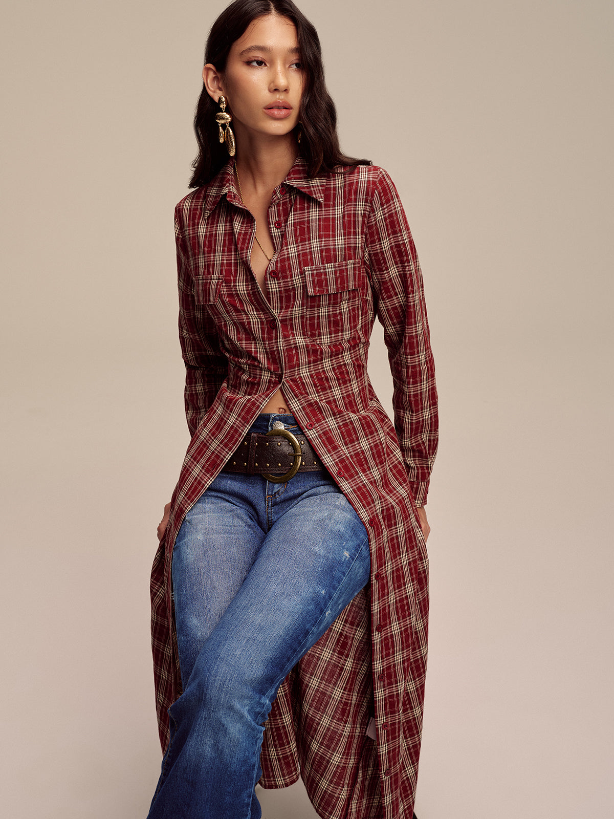 Plaid Button Front Shirt Dress-Chicvia