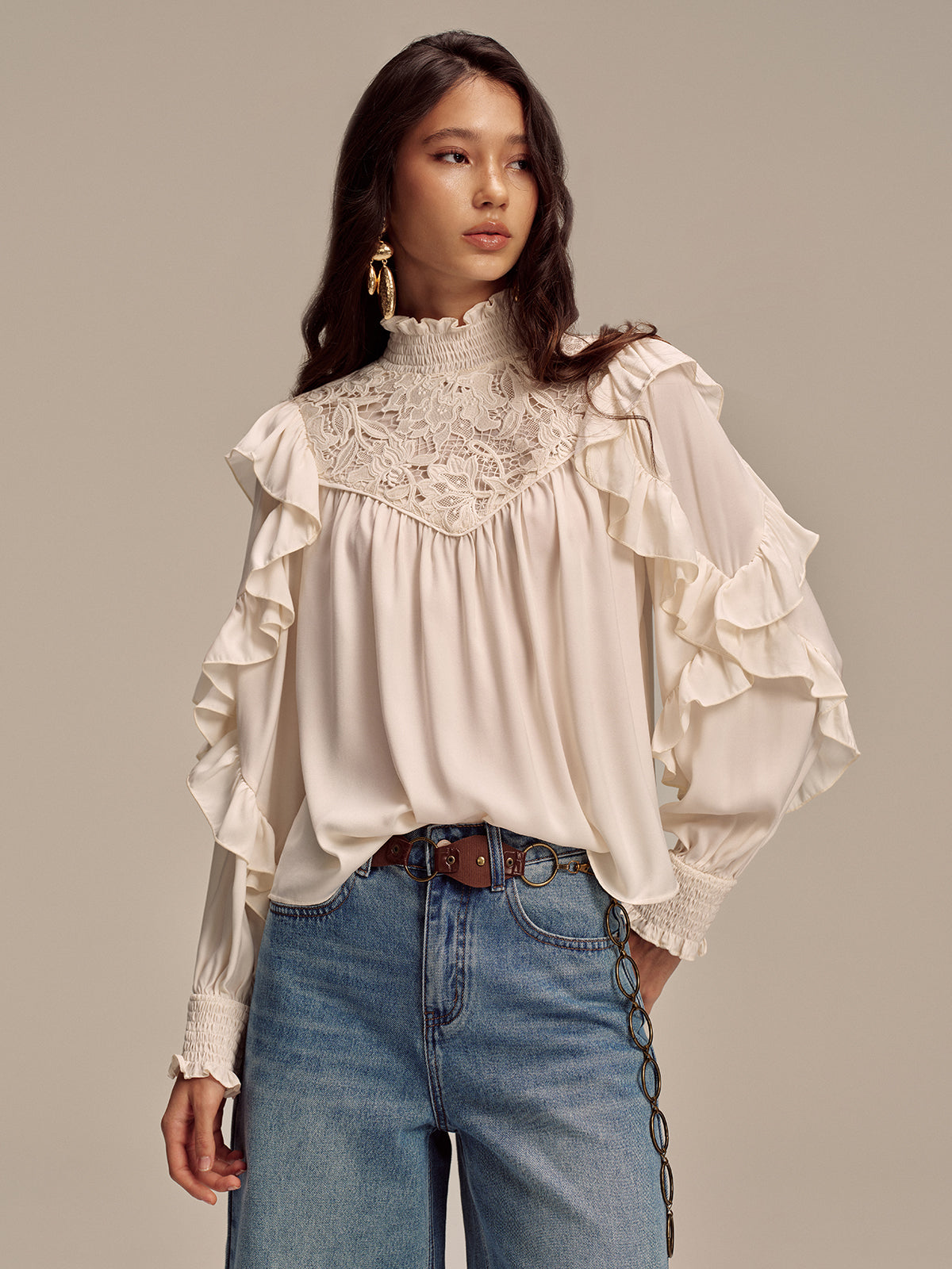 Embroidered Mock Neck Ruffled Blouse-Chicvia