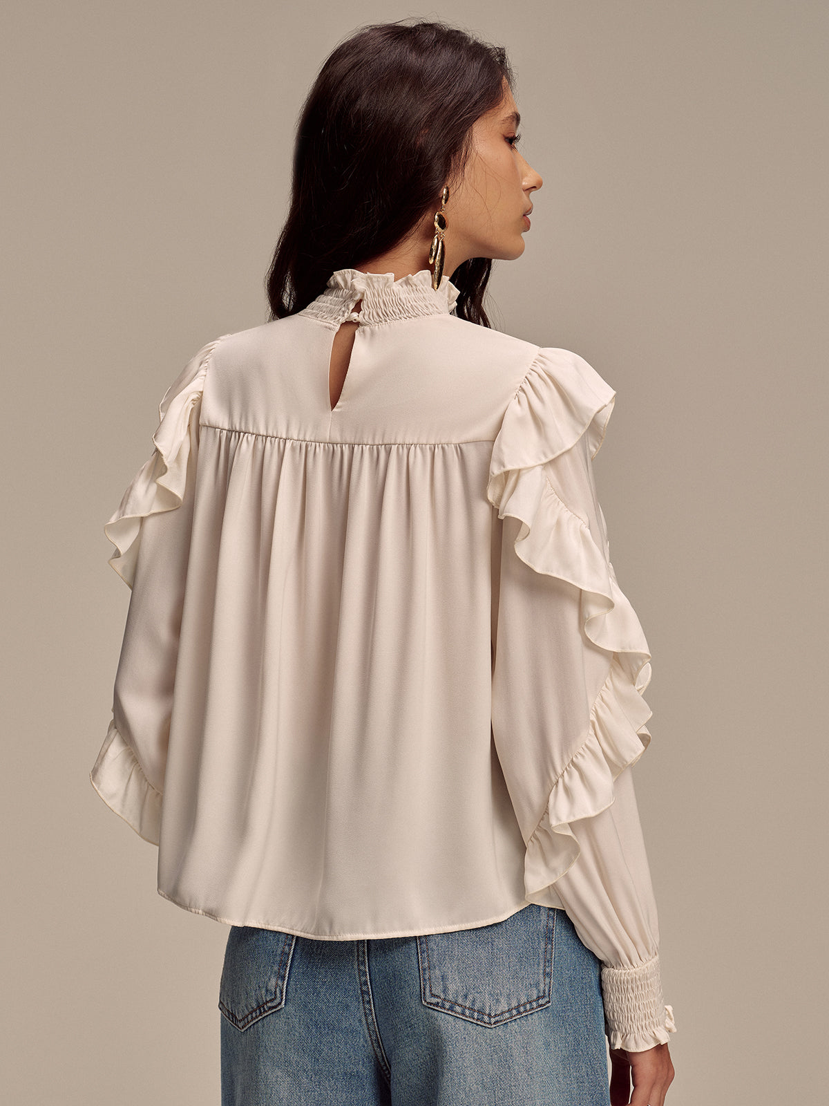 Embroidered Mock Neck Ruffled Blouse-Chicvia