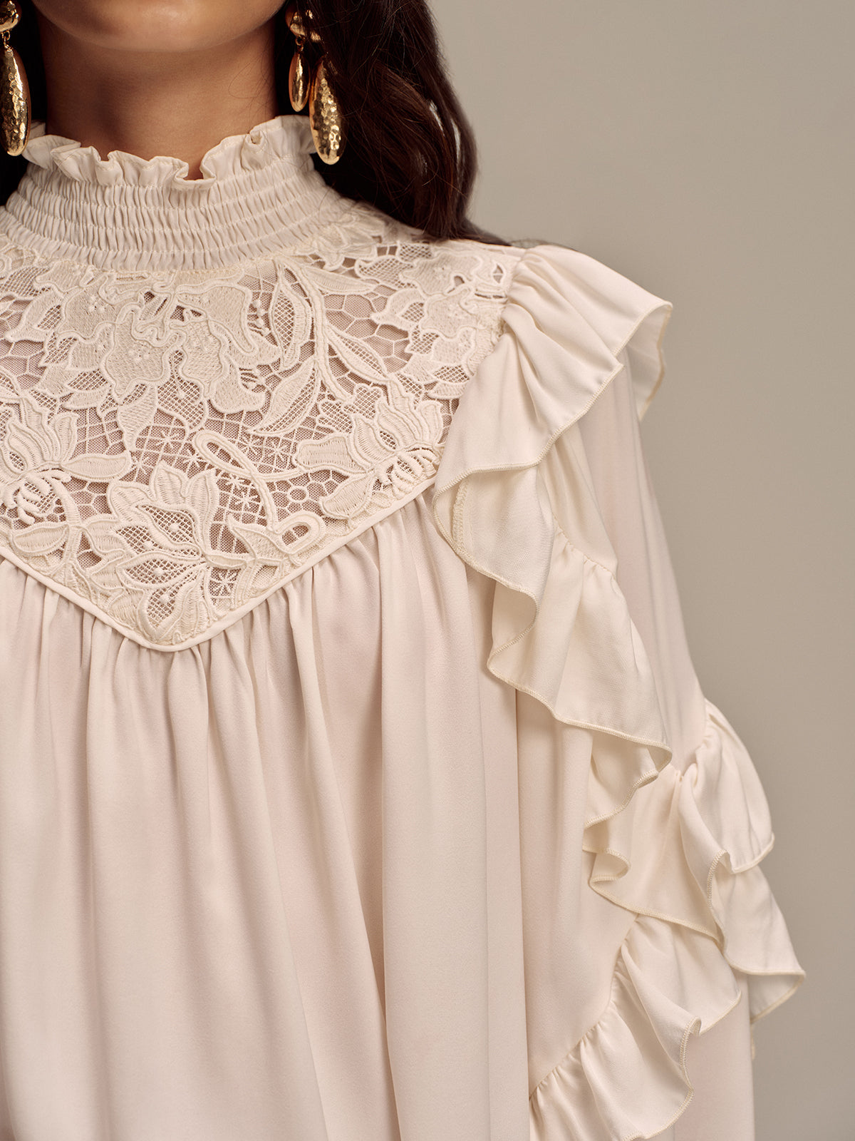 Embroidered Mock Neck Ruffled Blouse-Chicvia