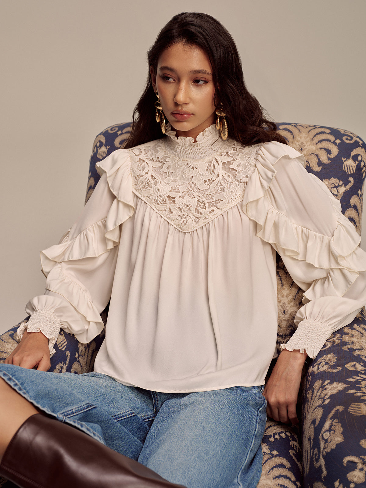 Embroidered Mock Neck Ruffled Blouse-Chicvia