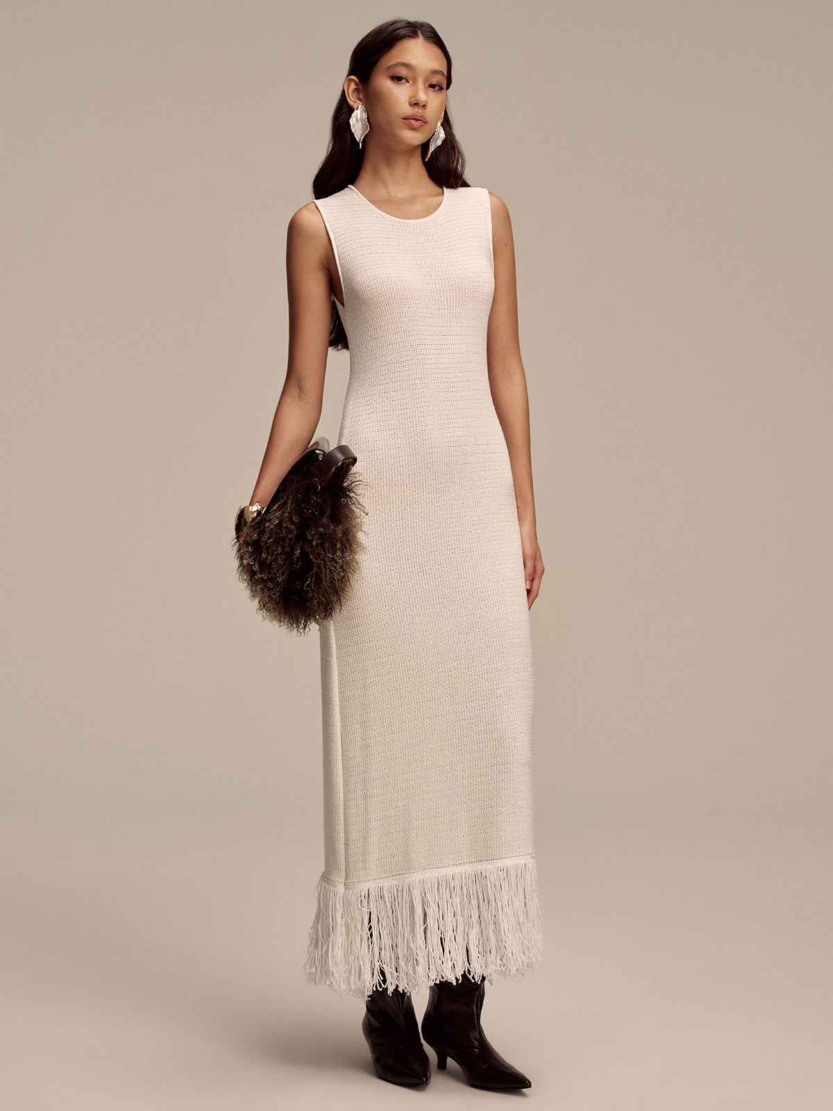 Fringe Hem Sleeveless Knit Maxi Dress-Chicvia