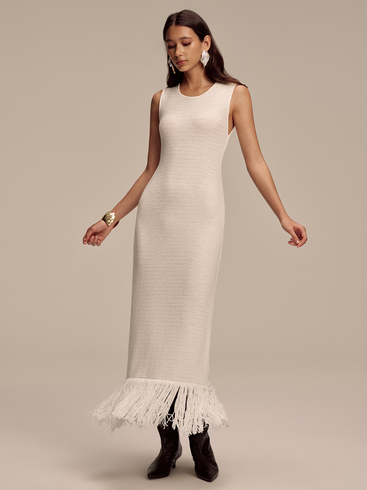 Fringe Hem Sleeveless Knit Maxi Dress-Chicvia