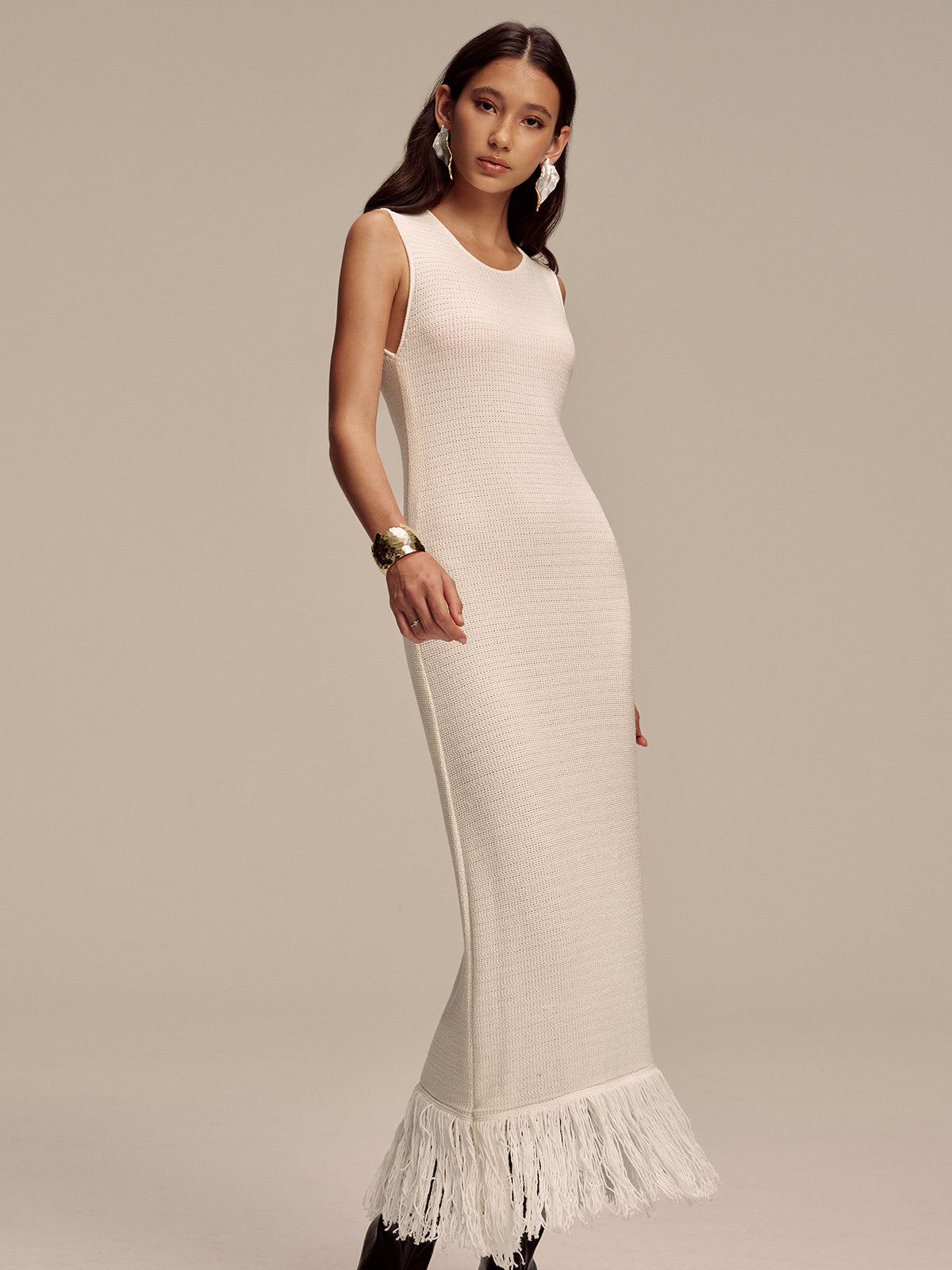 Fringe Hem Sleeveless Knit Maxi Dress-Chicvia