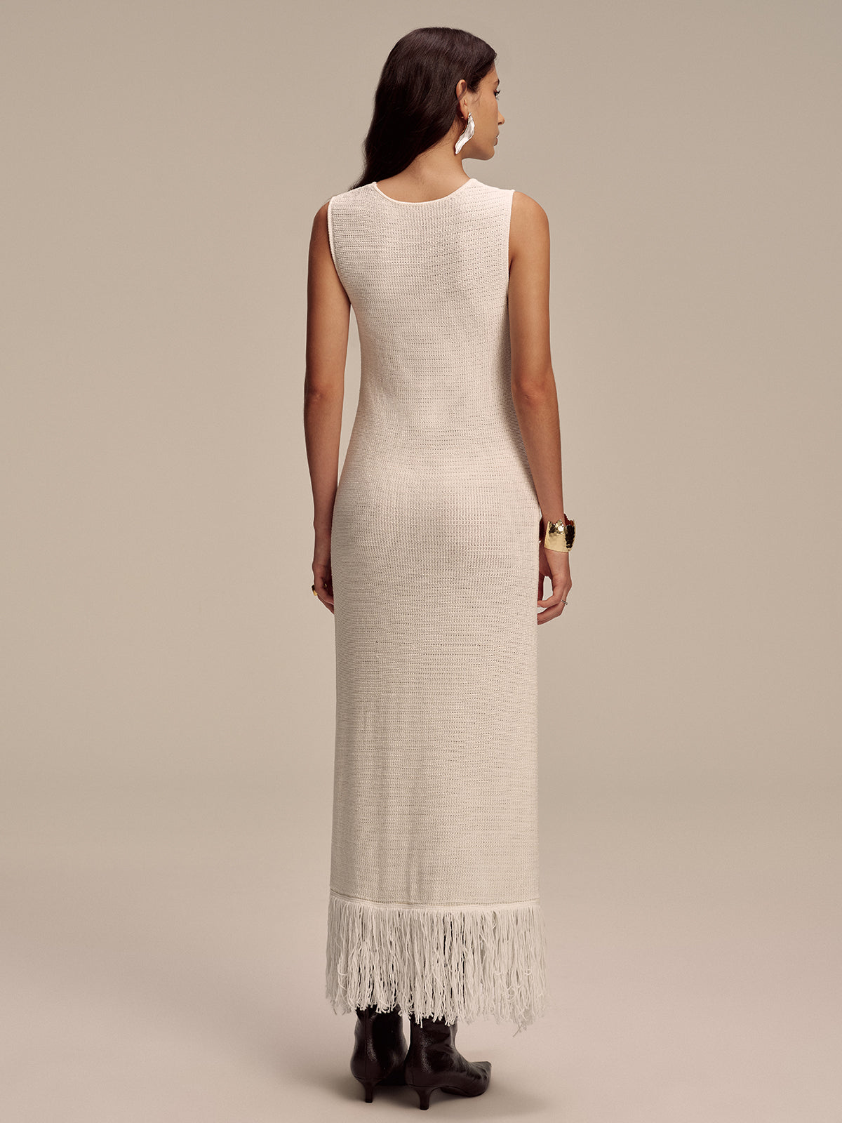 Fringe Hem Sleeveless Knit Maxi Dress-Chicvia