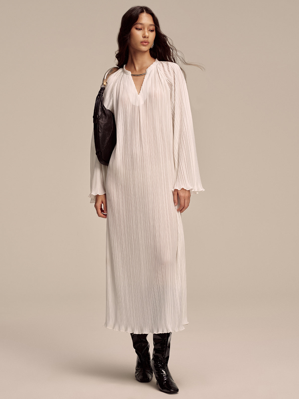 Metal Collar Pleated Long-Sleeve Maxi Dress-Chicvia