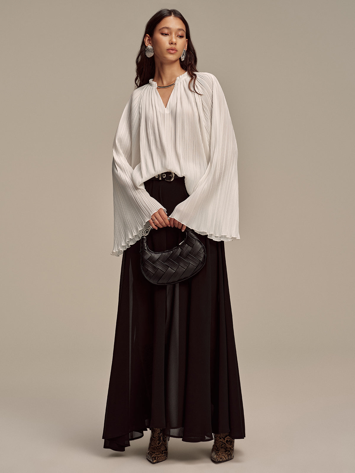 Metal Collar Pleated Long-Sleeve Blouse-Chicvia