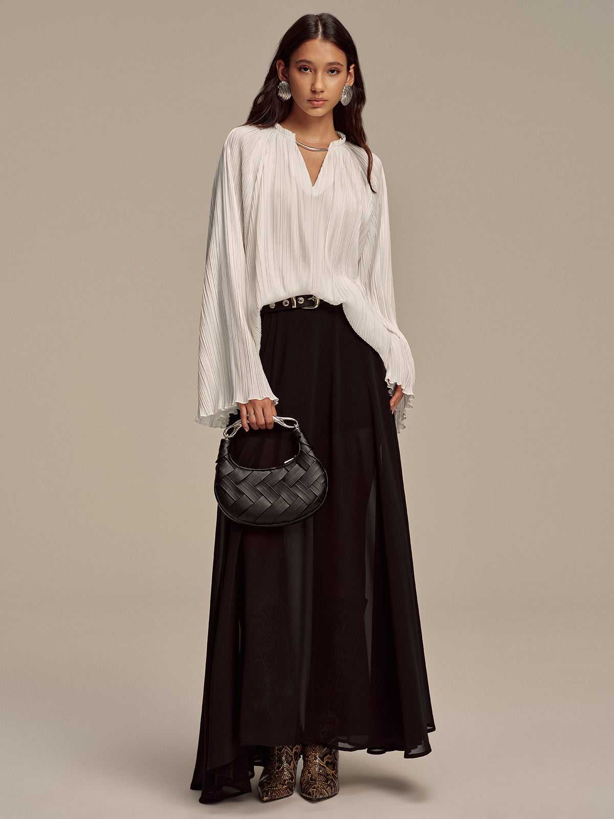 Metal Collar Pleated Long-Sleeve Blouse-Chicvia