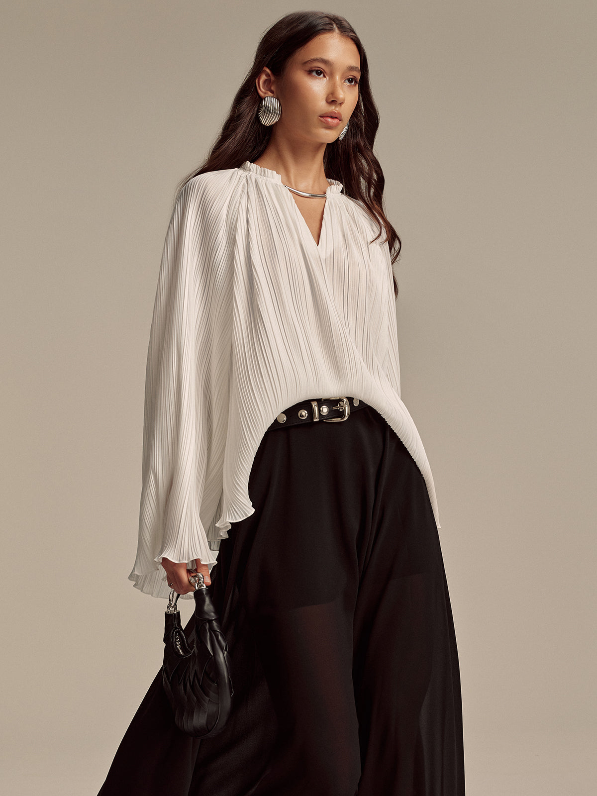 Metal Collar Pleated Long-Sleeve Blouse-Chicvia