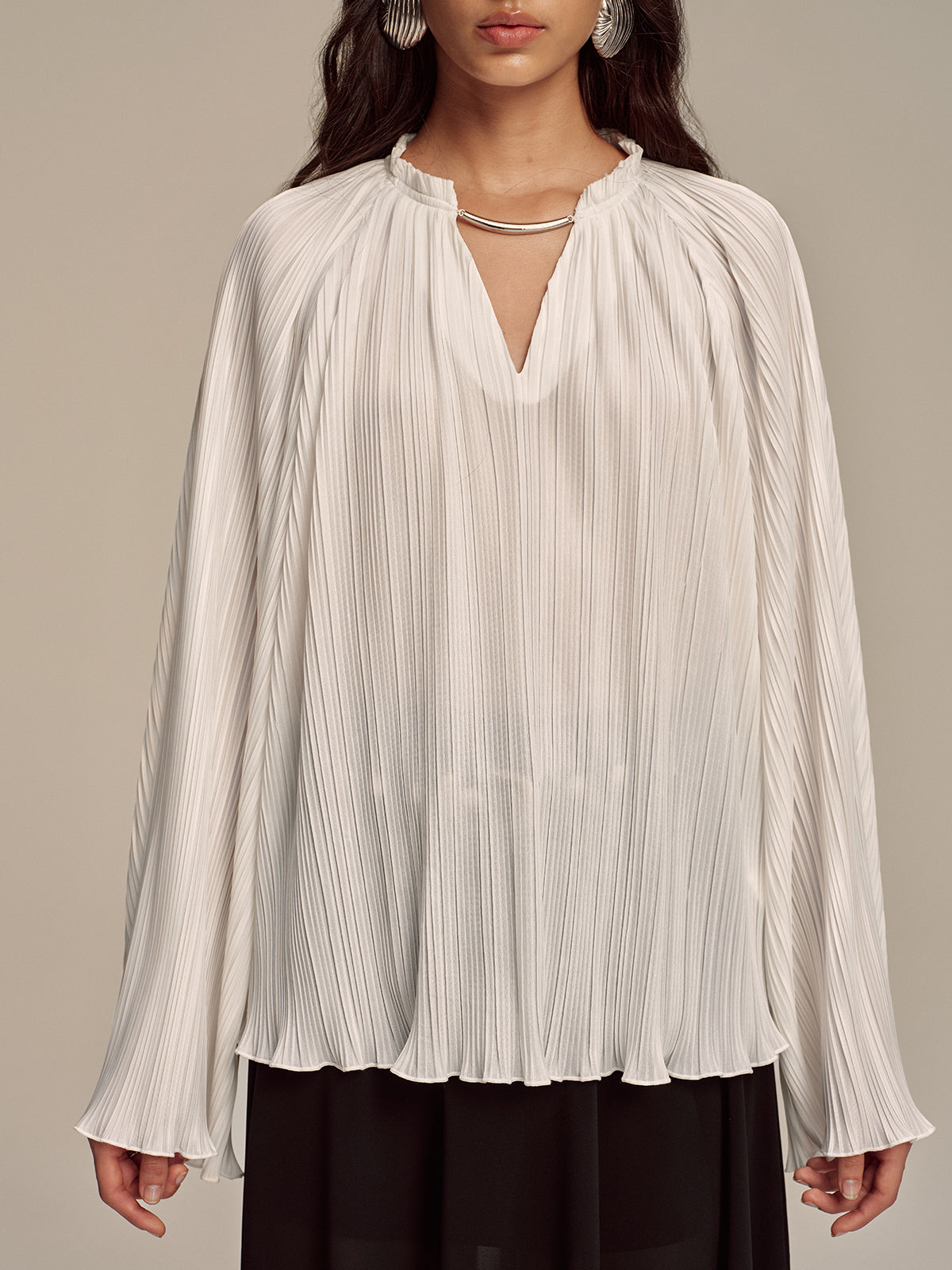 Metal Collar Pleated Long-Sleeve Blouse-Chicvia