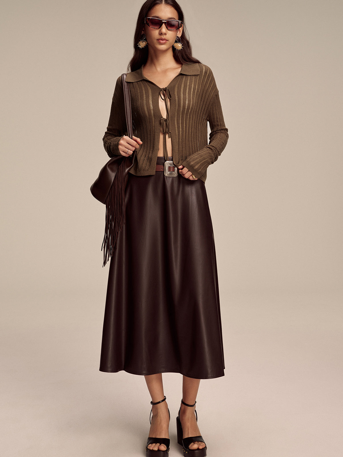 Polo Collar Tie-Front Knit Cardigan-Chicvia