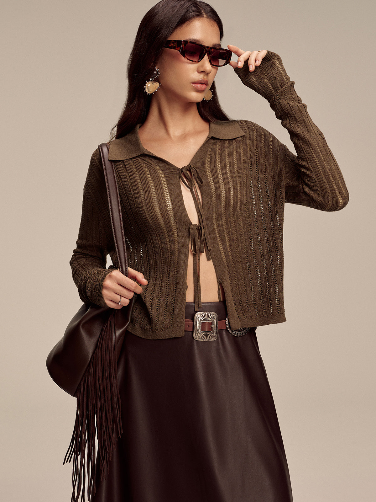 Polo Collar Tie-Front Knit Cardigan-Chicvia