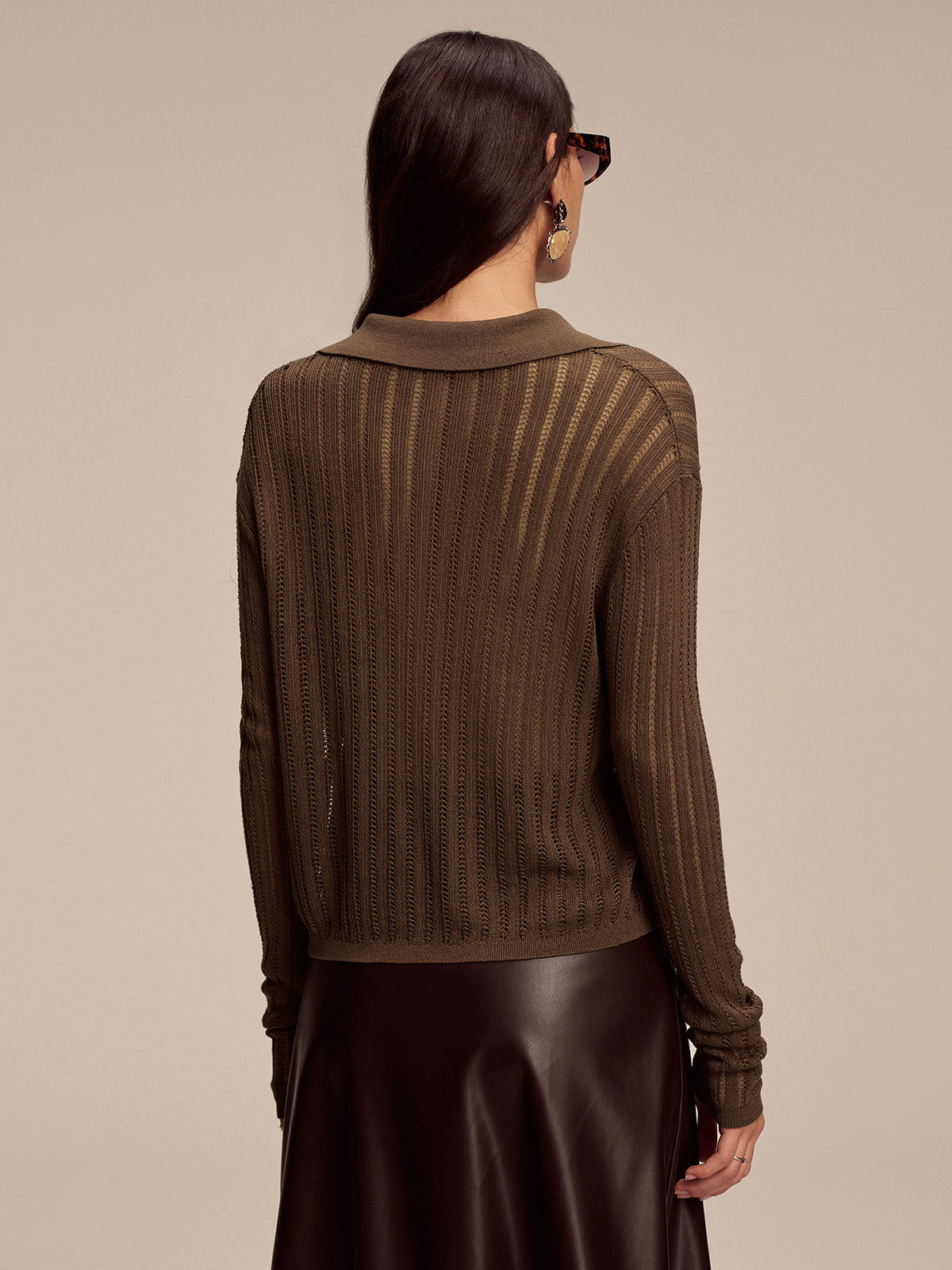 Polo Collar Tie-Front Knit Cardigan-Chicvia