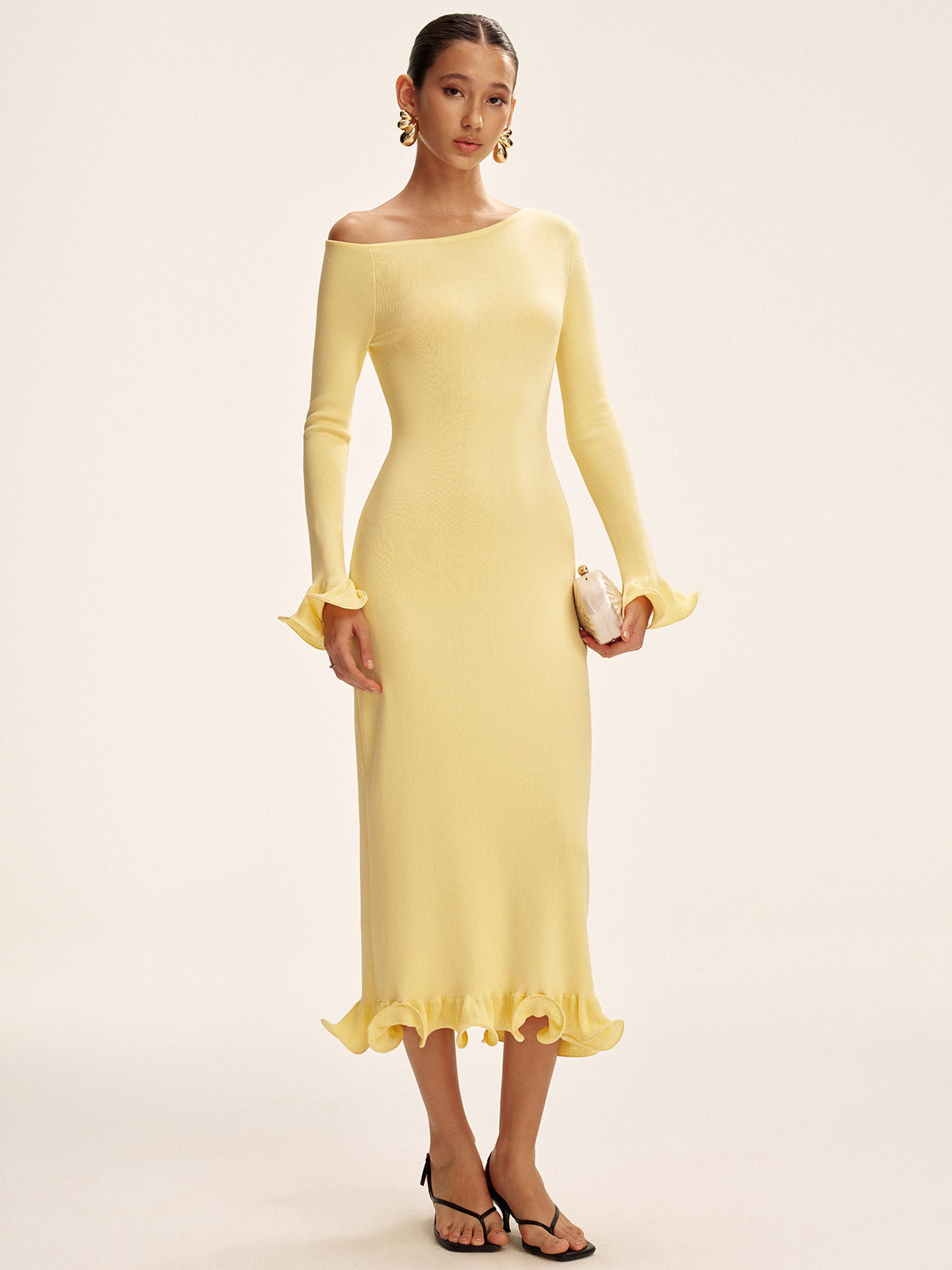 Off-Shoulder Ruffle Hem Sweater Dress-Chicvia