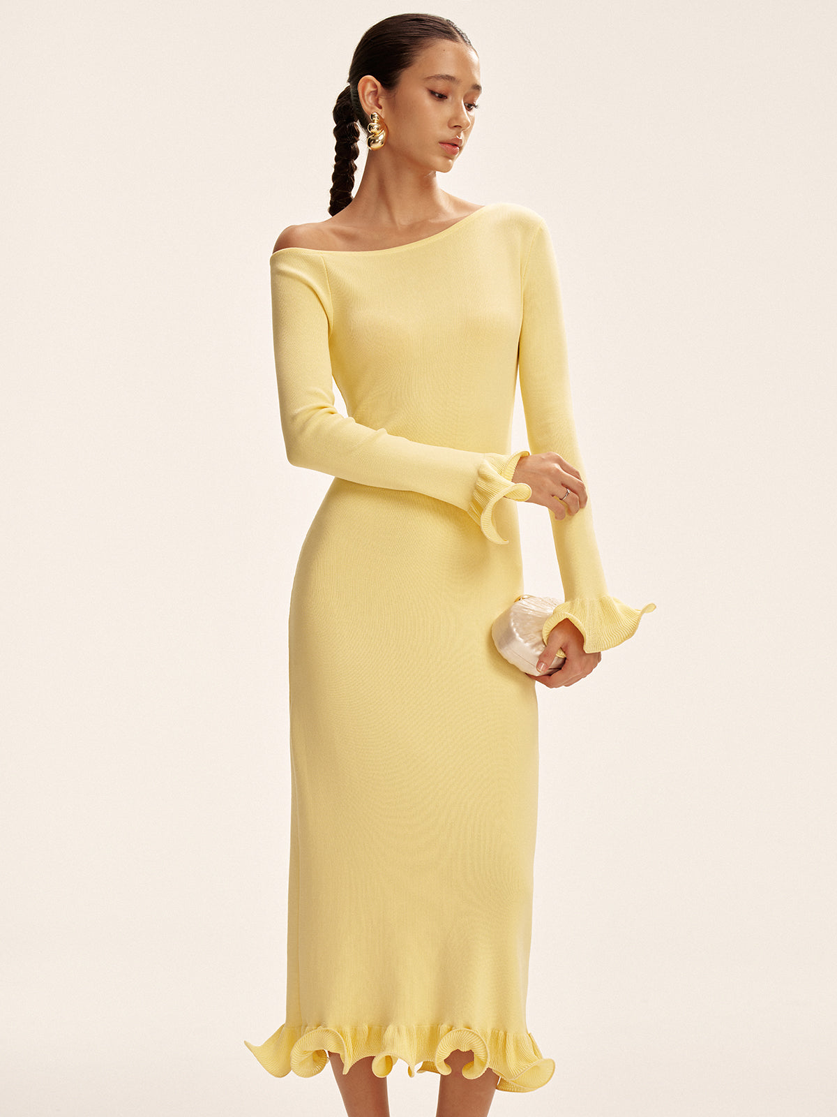 Off-Shoulder Ruffle Hem Sweater Dress-Chicvia