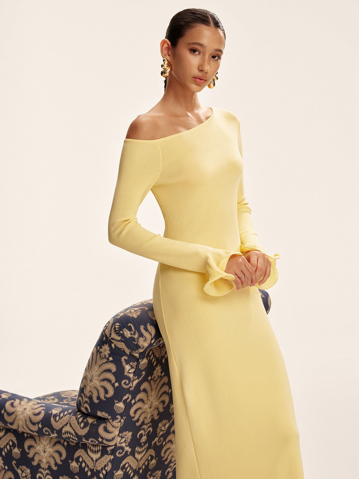 Off-Shoulder Ruffle Hem Sweater Dress-Chicvia