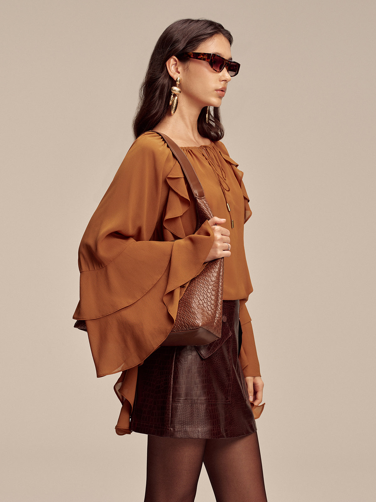 Chiffon Ruffled Tiered Sleeve Tie-Neck Blouse-Chicvia