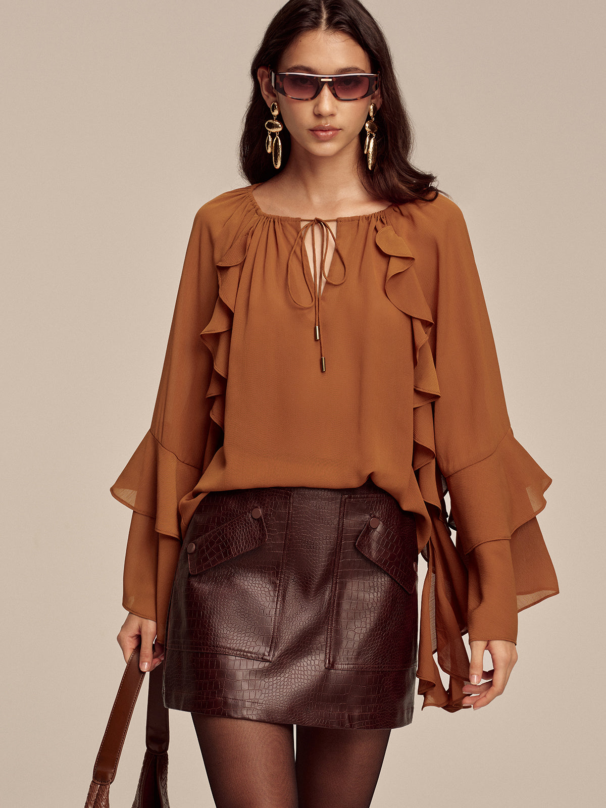 Chiffon Ruffled Tiered Sleeve Tie-Neck Blouse-Chicvia