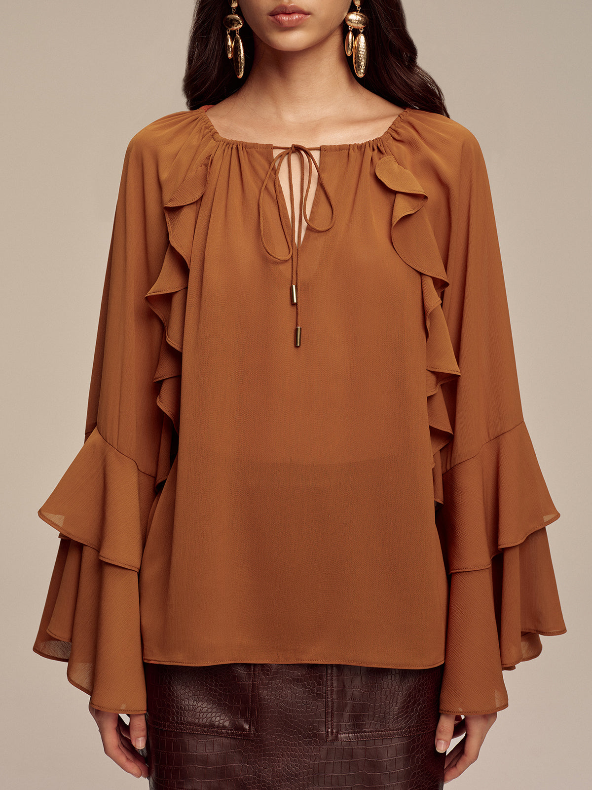 Chiffon Ruffled Tiered Sleeve Tie-Neck Blouse-Chicvia