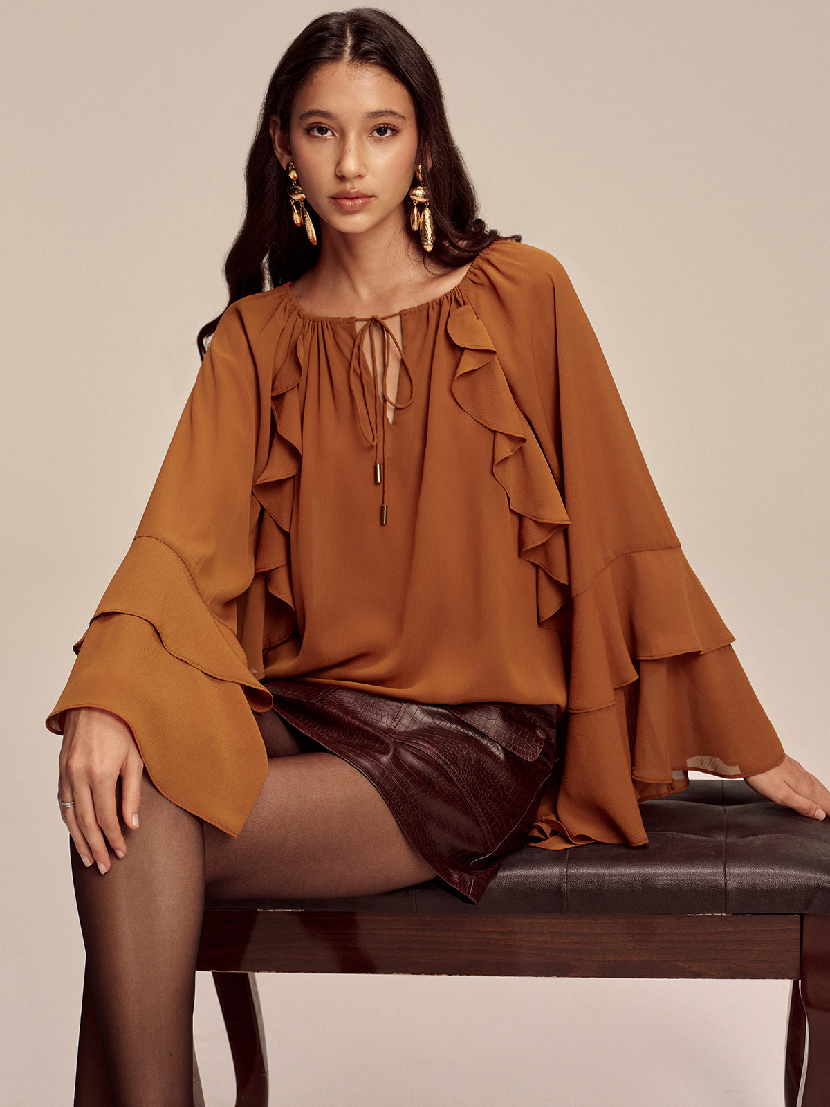 Chiffon Ruffled Tiered Sleeve Tie-Neck Blouse-Chicvia