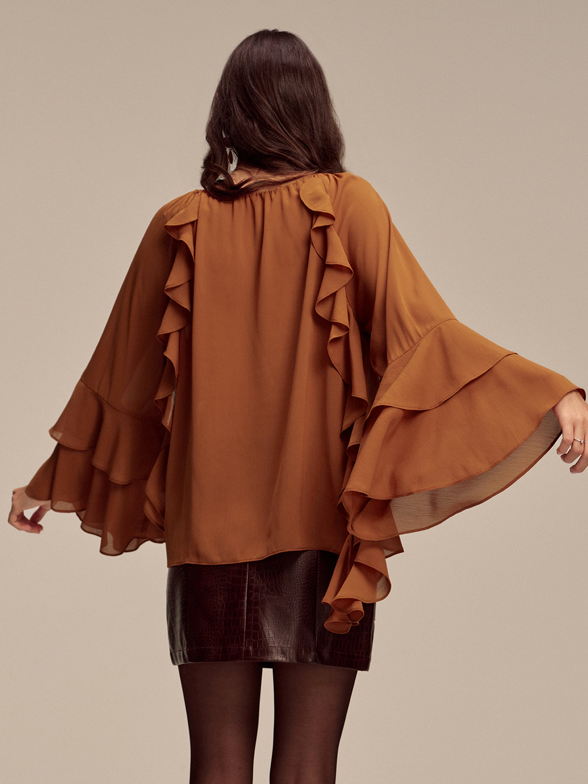 Chiffon Ruffled Tiered Sleeve Tie-Neck Blouse-Chicvia