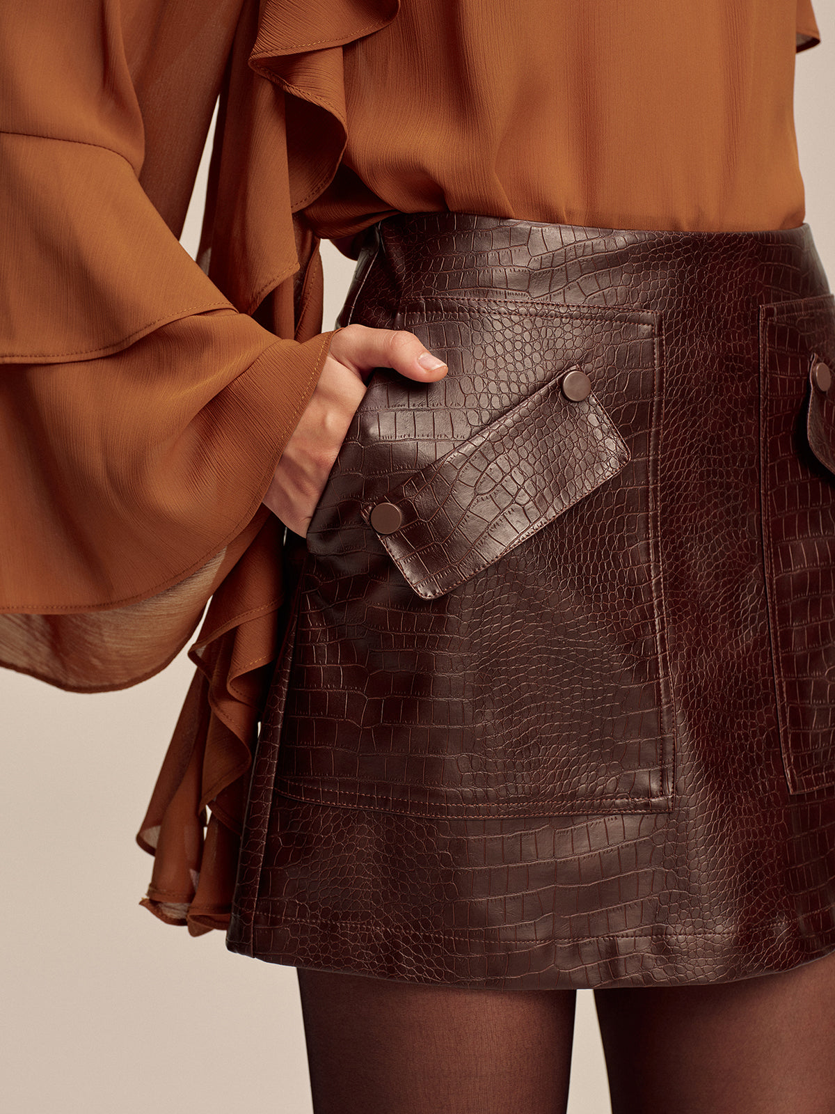 Faux Leather Crocodile-Embossed Mini Skirt-Chicvia