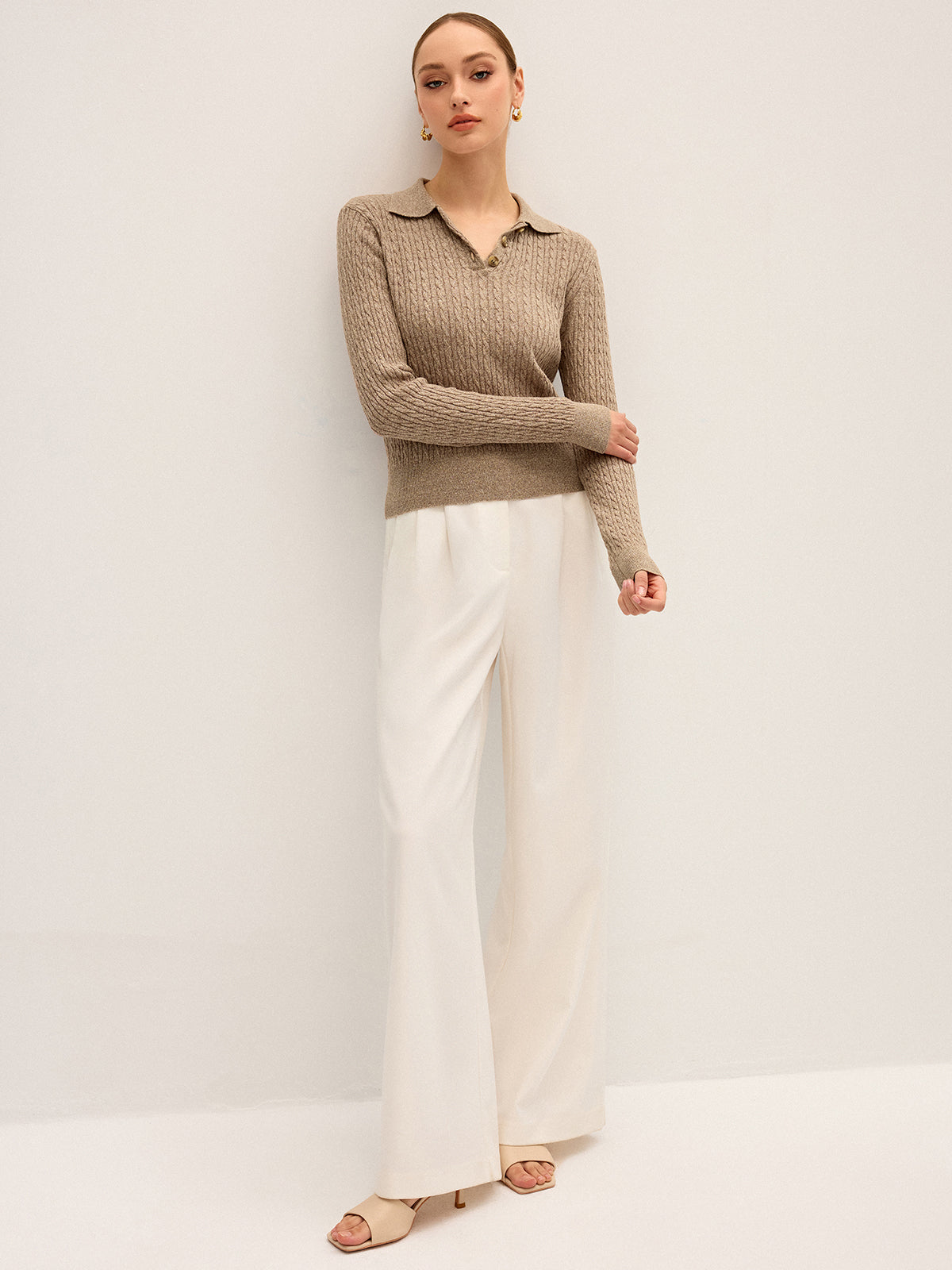 Cable Knit Cotton Collar Sweater-Chicvia