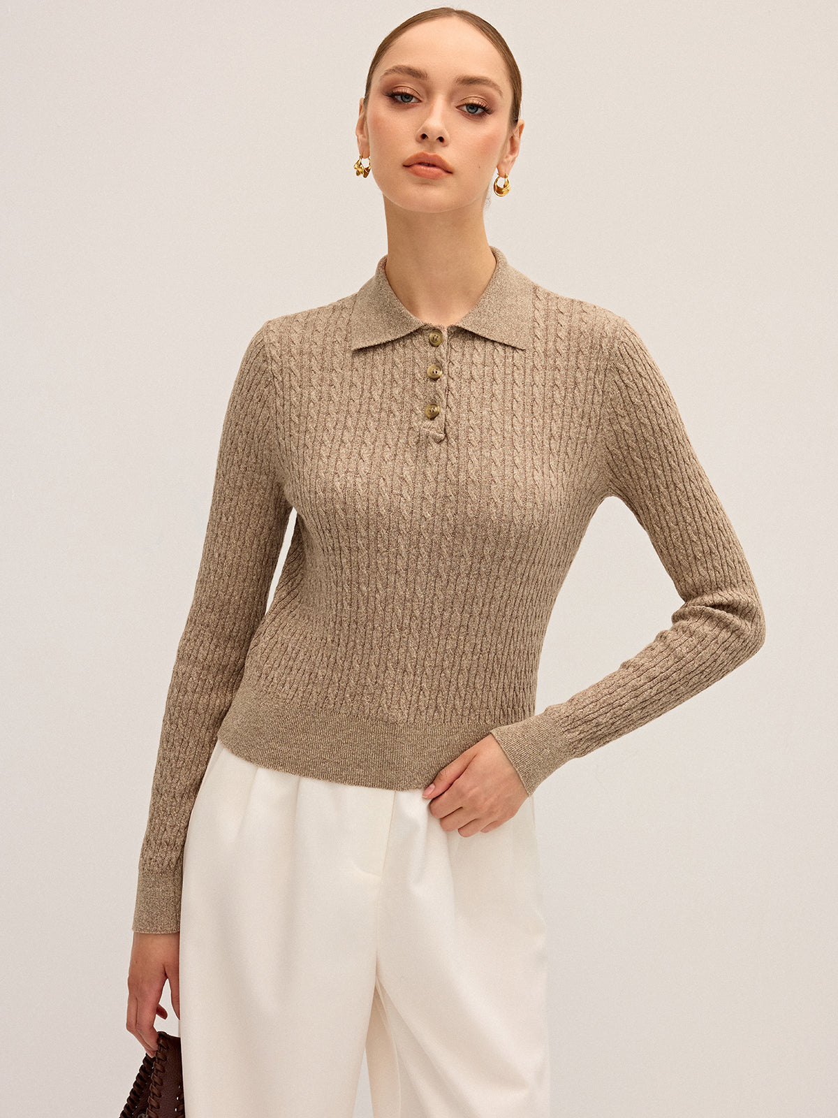 Cable Knit Cotton Collar Sweater-Chicvia