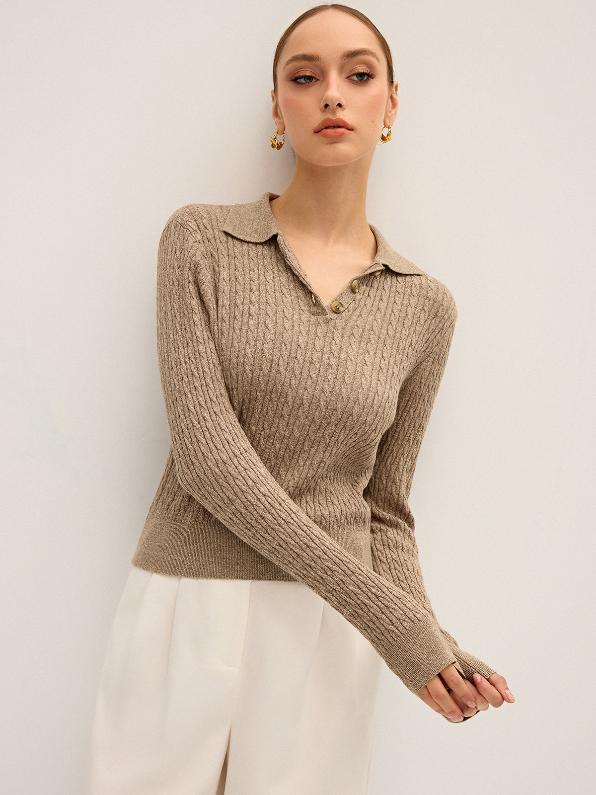 Cable Knit Cotton Collar Sweater-Chicvia