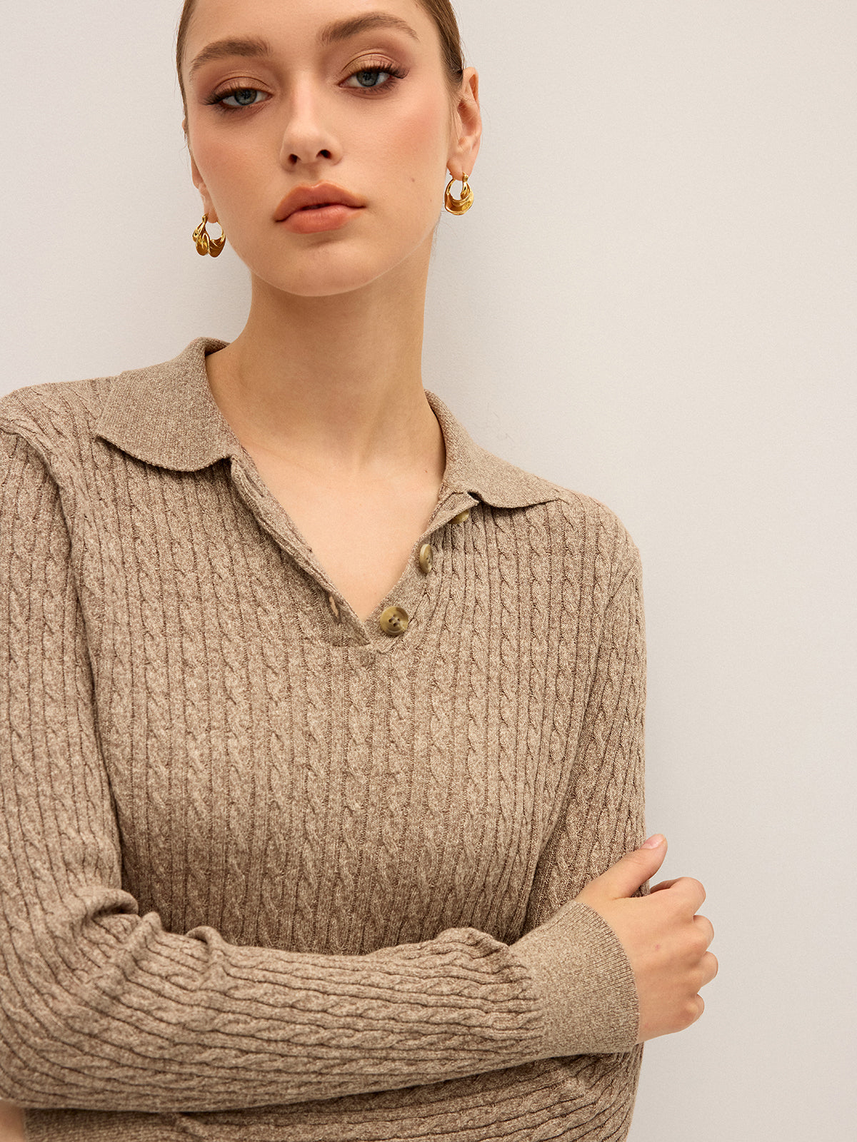 Cable Knit Cotton Collar Sweater-Chicvia