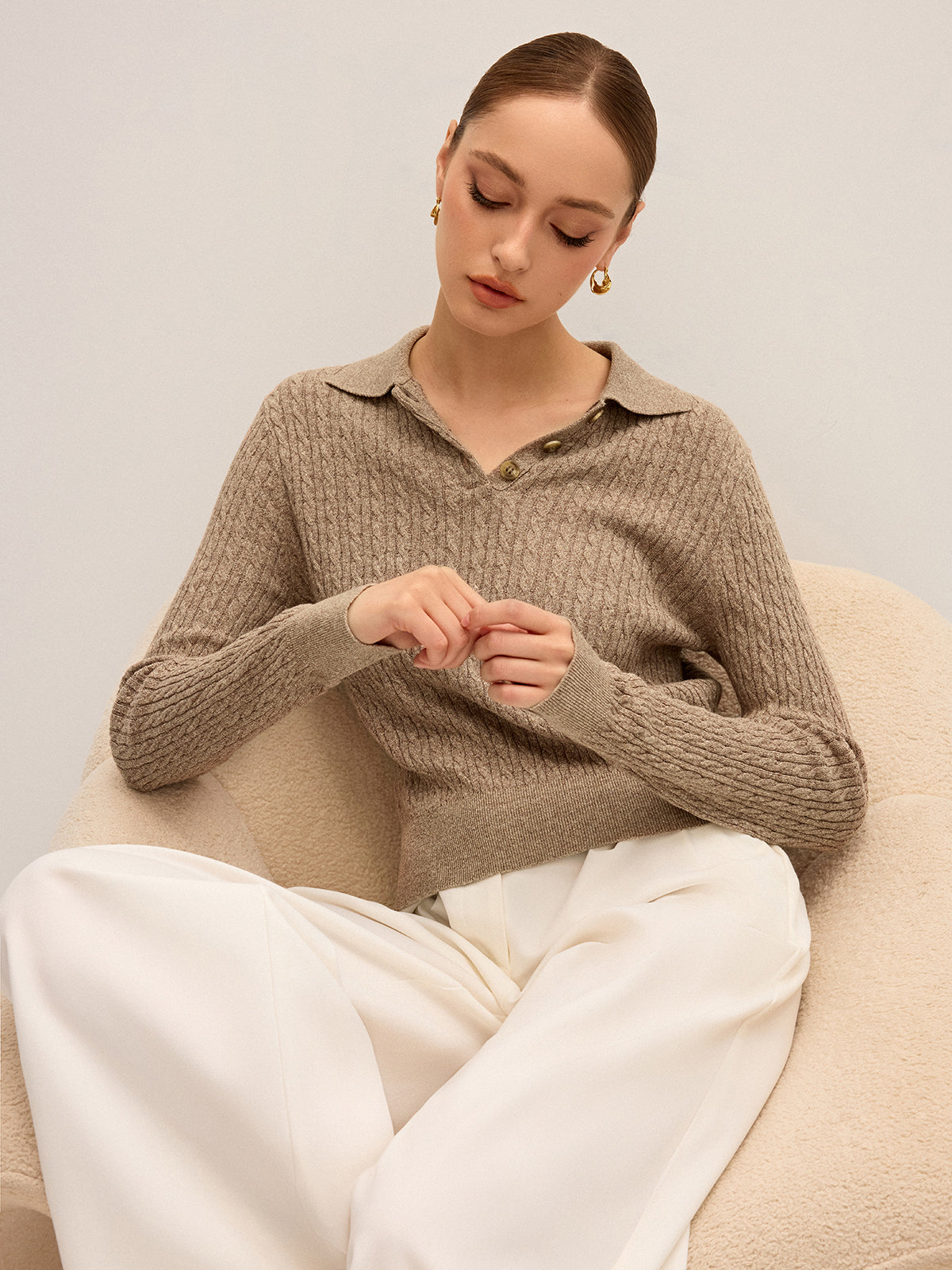 Cable Knit Cotton Collar Sweater-Chicvia