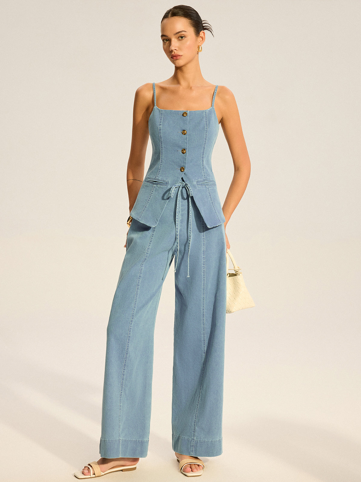 Denim Cami Vest and Pants Set-Chicvia