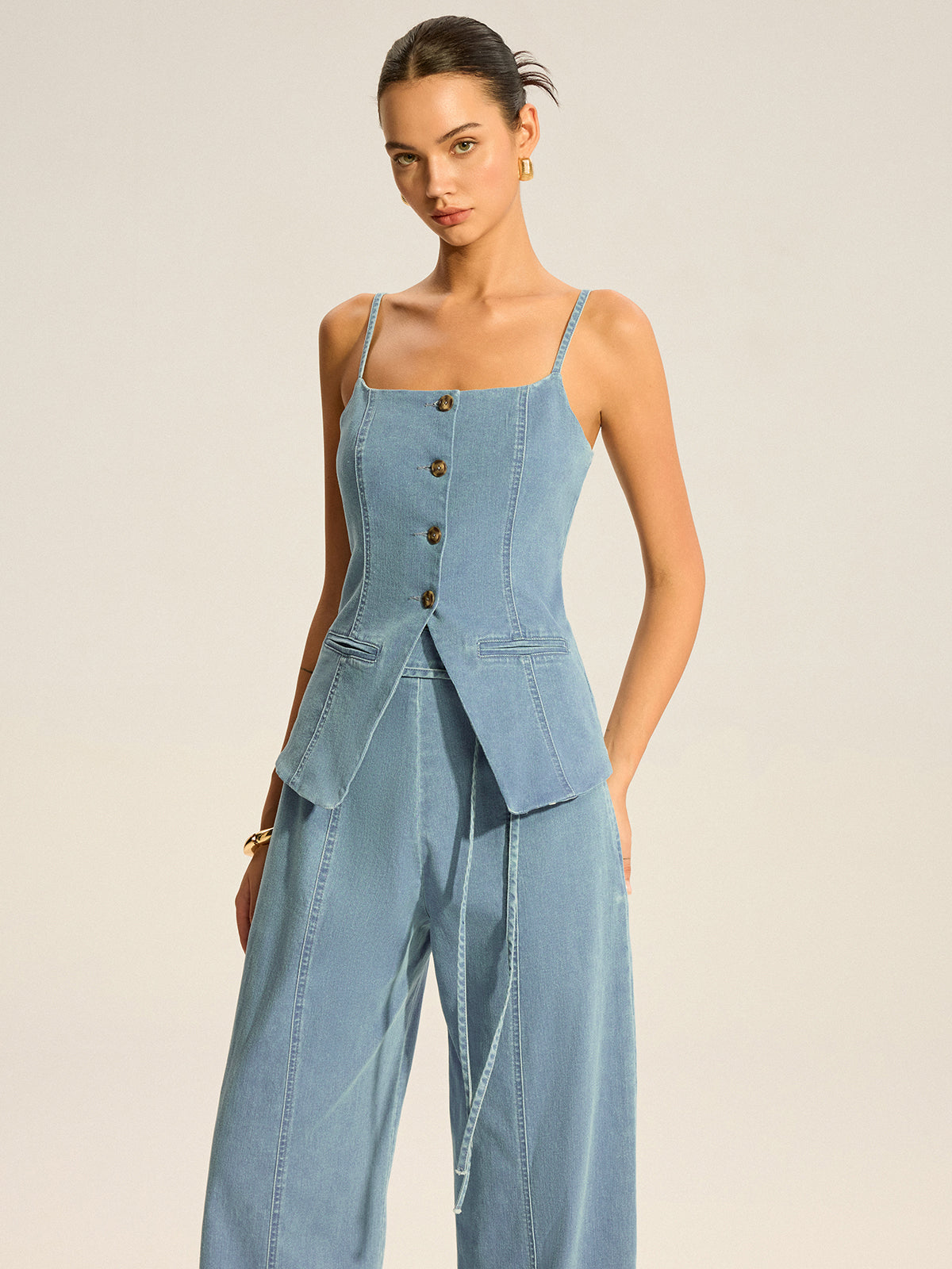 Denim Cami Vest and Pants Set-Chicvia