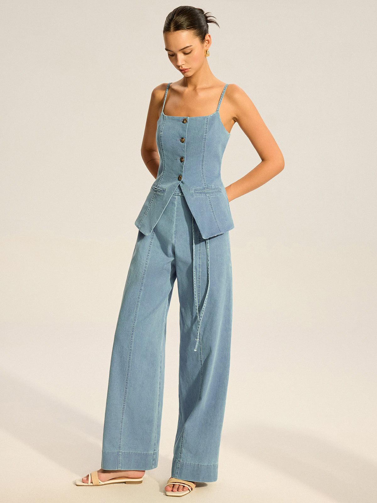 Denim Cami Vest and Pants Set-Chicvia
