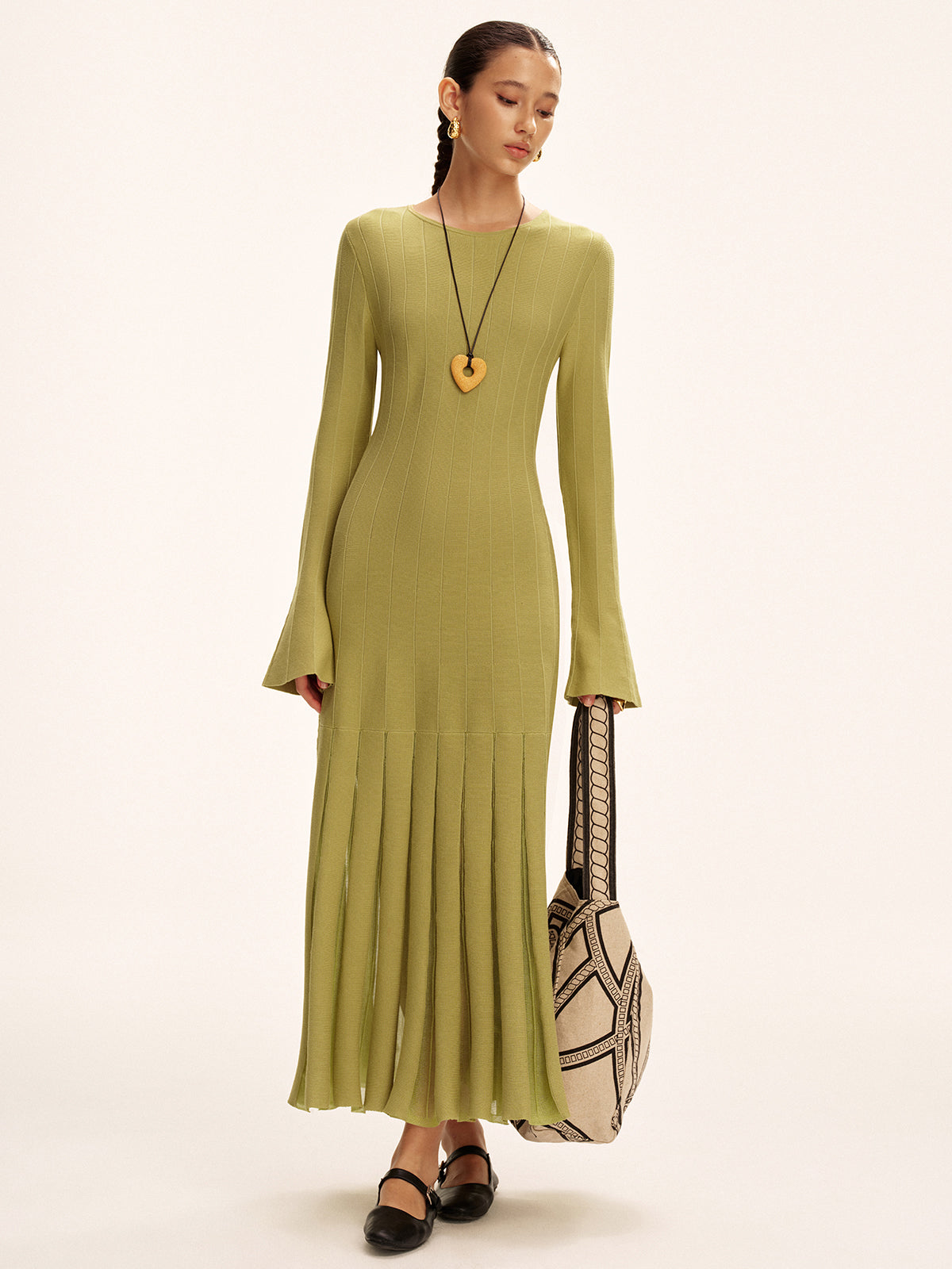 Mesh Pleated Hem Knit Maxi Dress-Chicvia