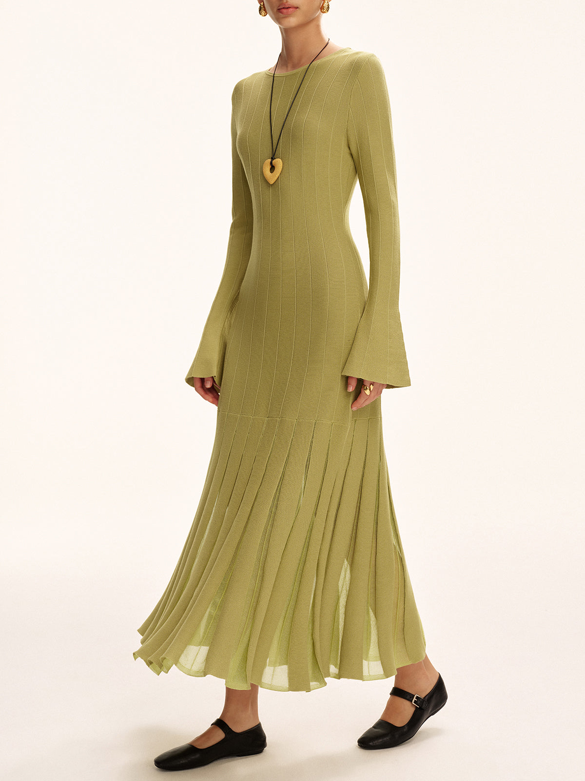 Mesh Pleated Hem Knit Maxi Dress-Chicvia