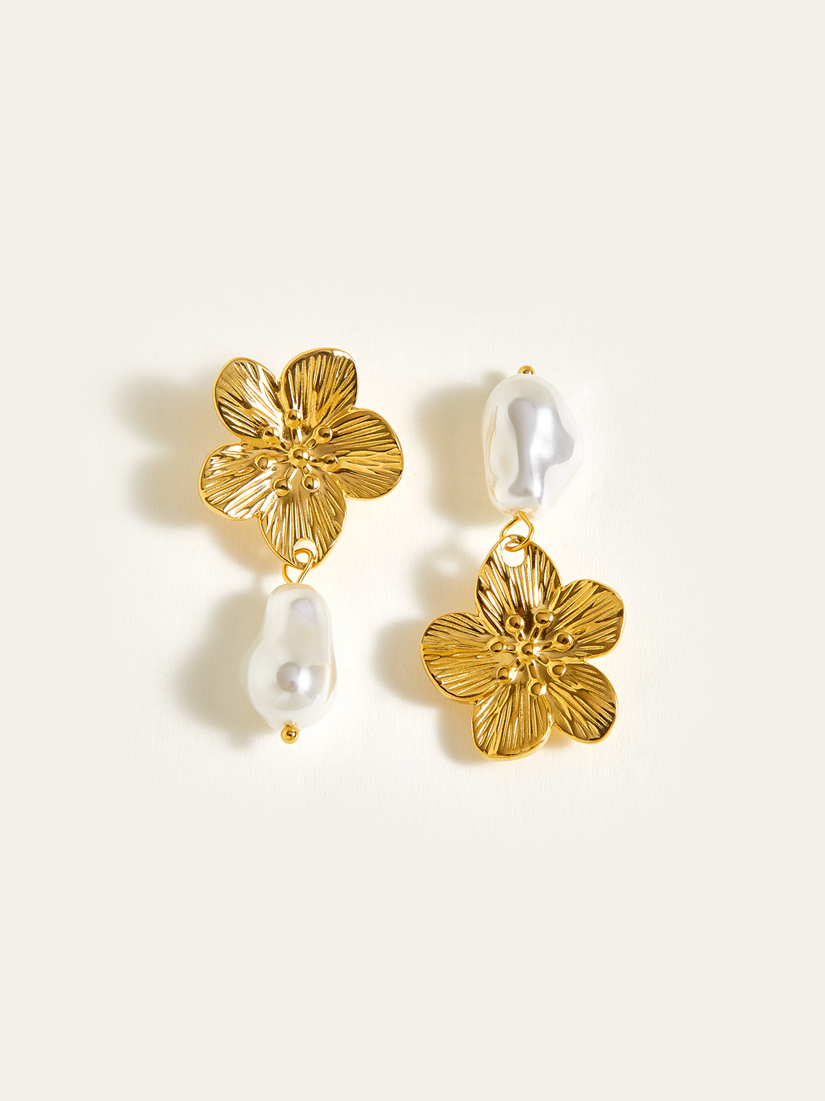Golden Floral Pearl Drop Earrings-Chicvia
