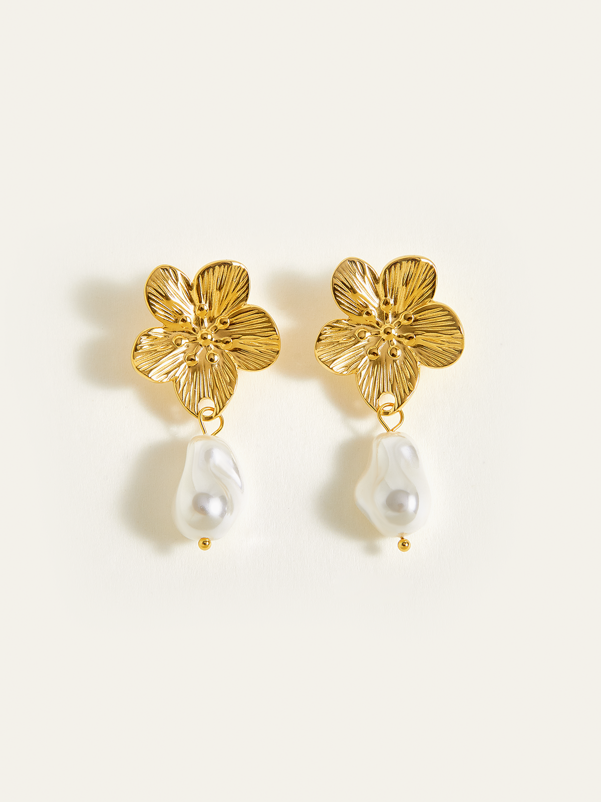 Golden Floral Pearl Drop Earrings-Chicvia