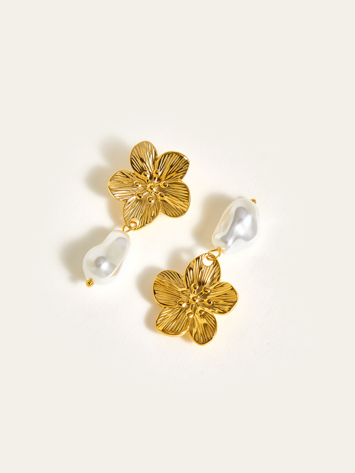 Golden Floral Pearl Drop Earrings-Chicvia