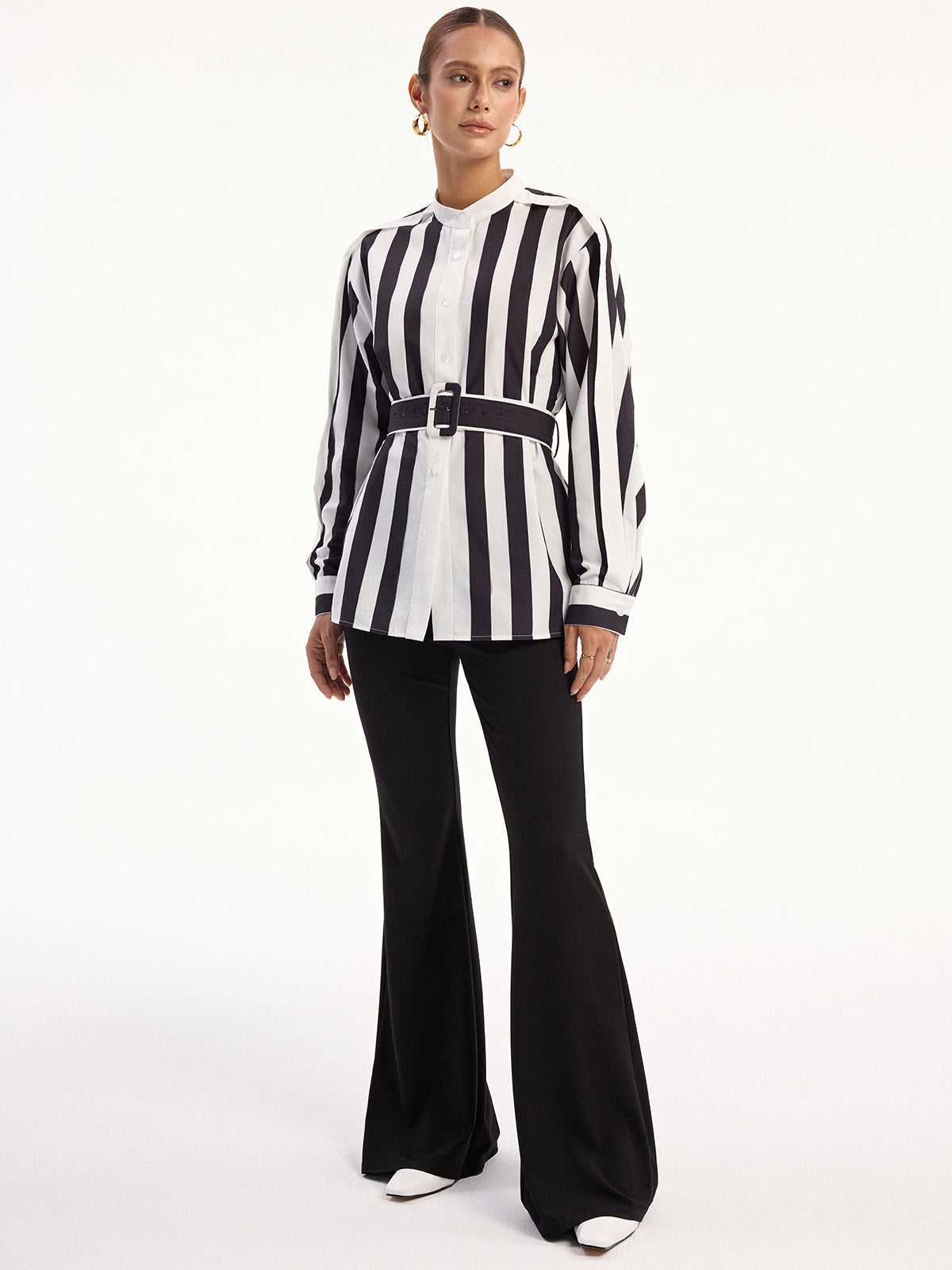Contrast Striped Belted Shirt-Chicvia