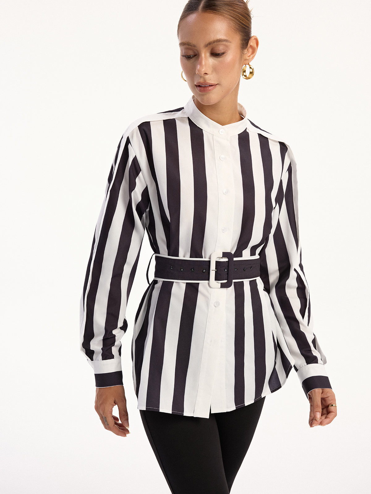 Contrast Striped Belted Shirt-Chicvia