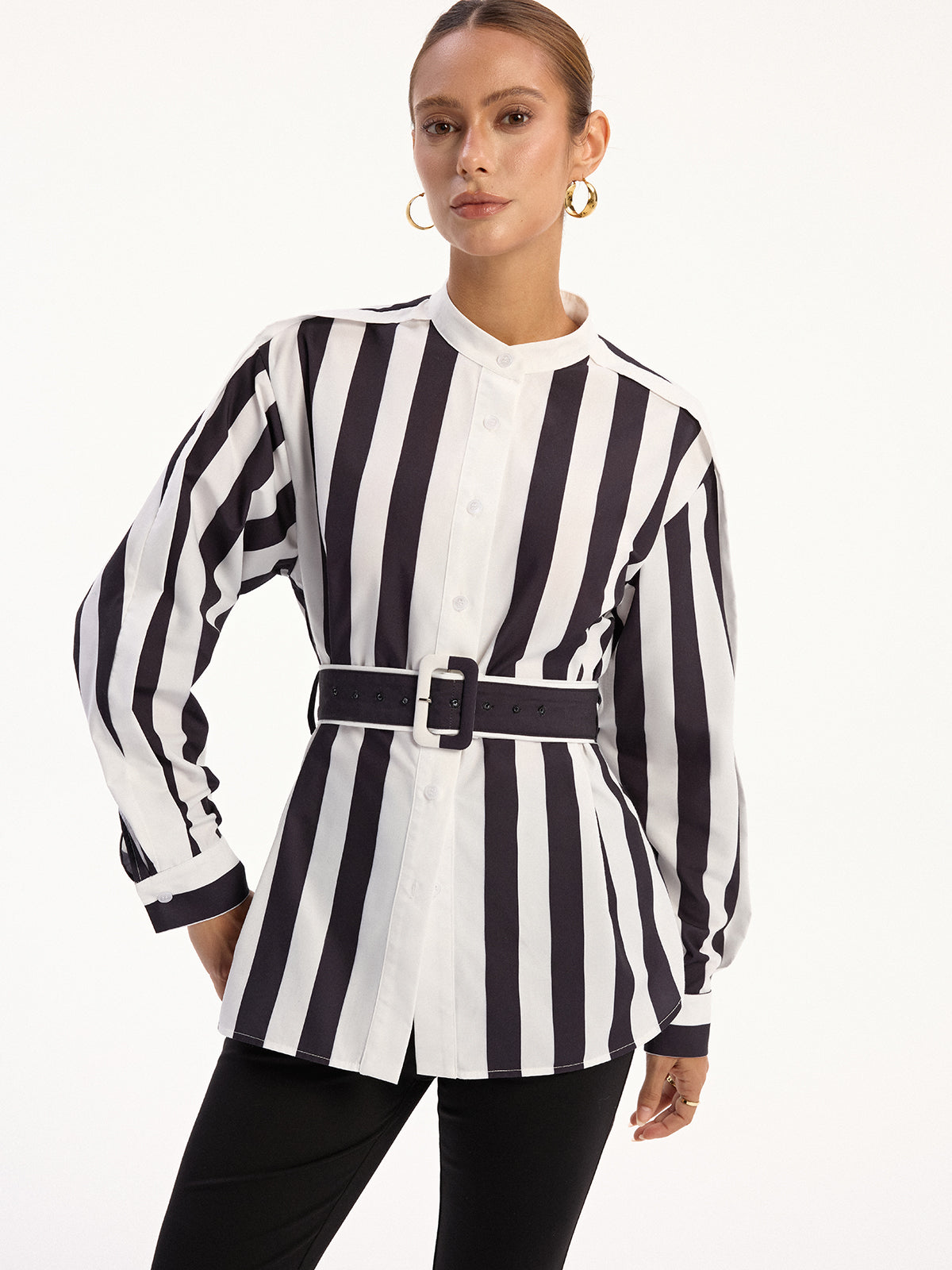 Contrast Striped Belted Shirt-Chicvia